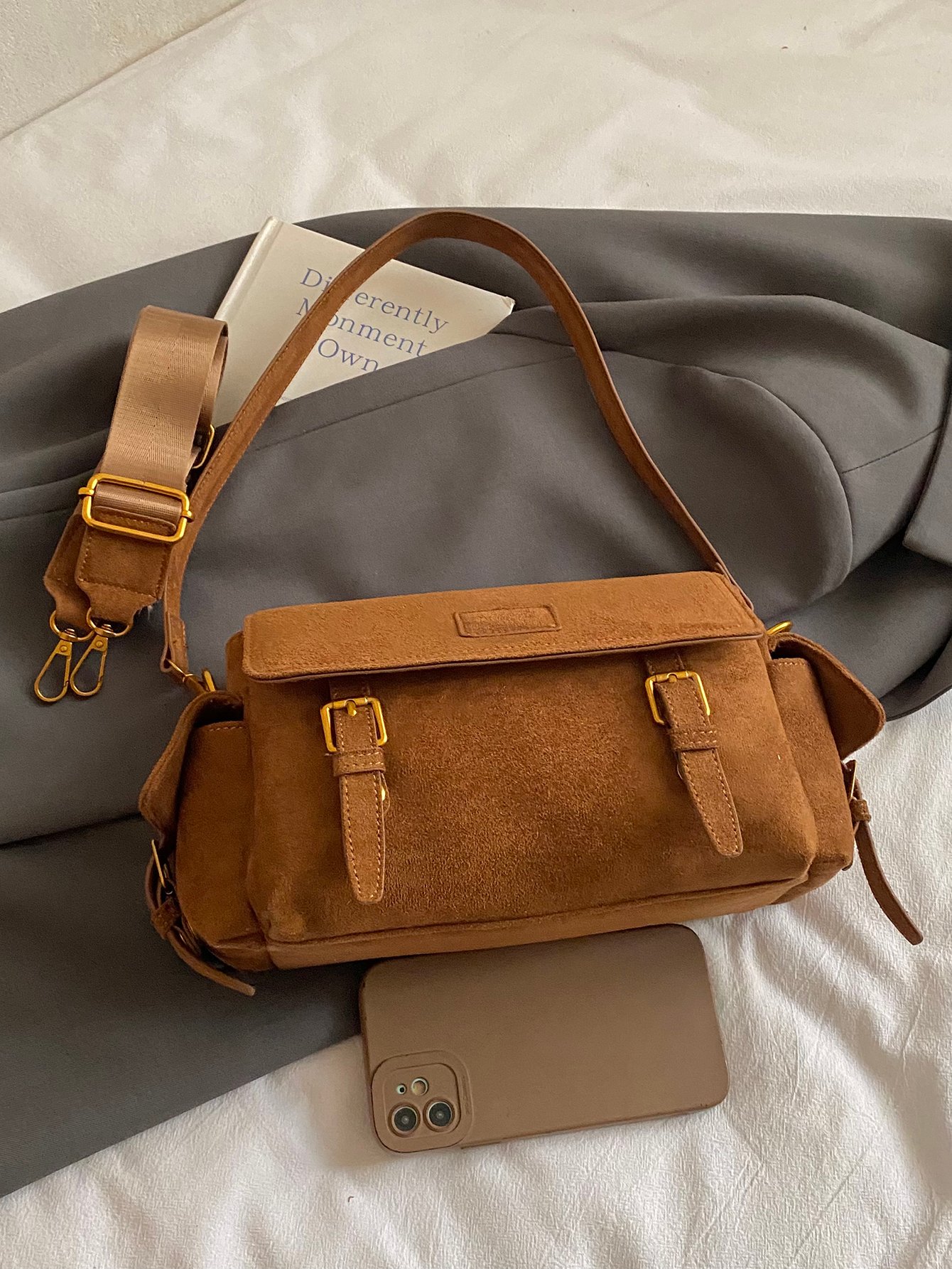 Brown Solid Shoulder Bag with Flap