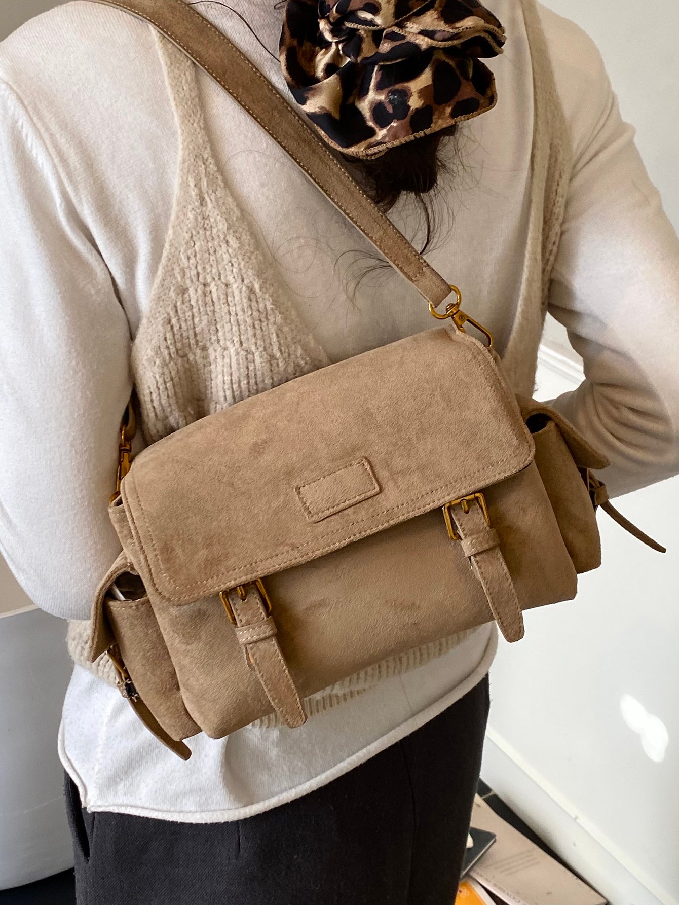 Khaki Solid Shoulder Bag with Zip