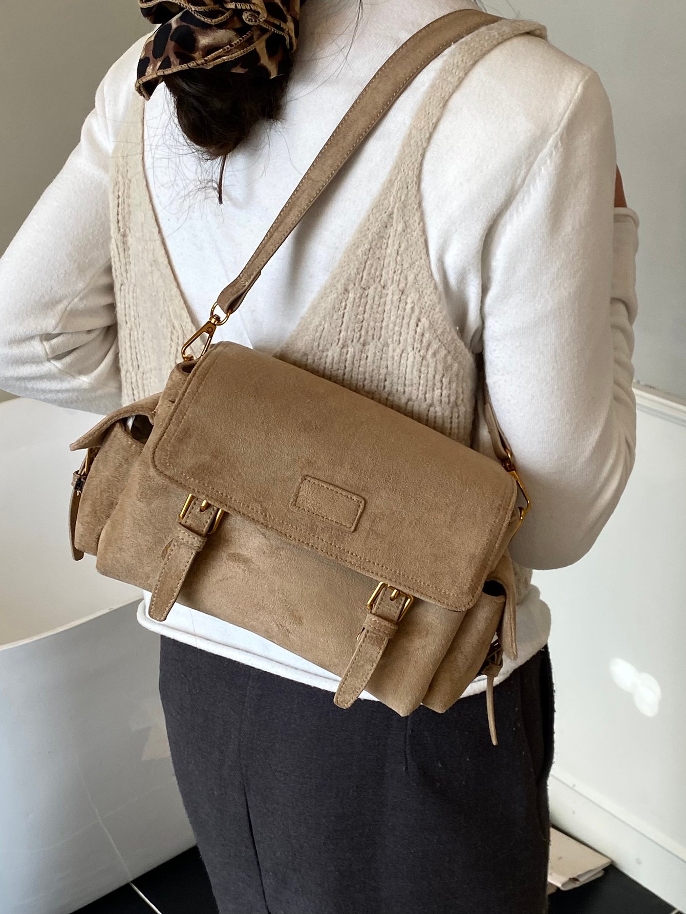 Khaki Solid Shoulder Bag with Zip