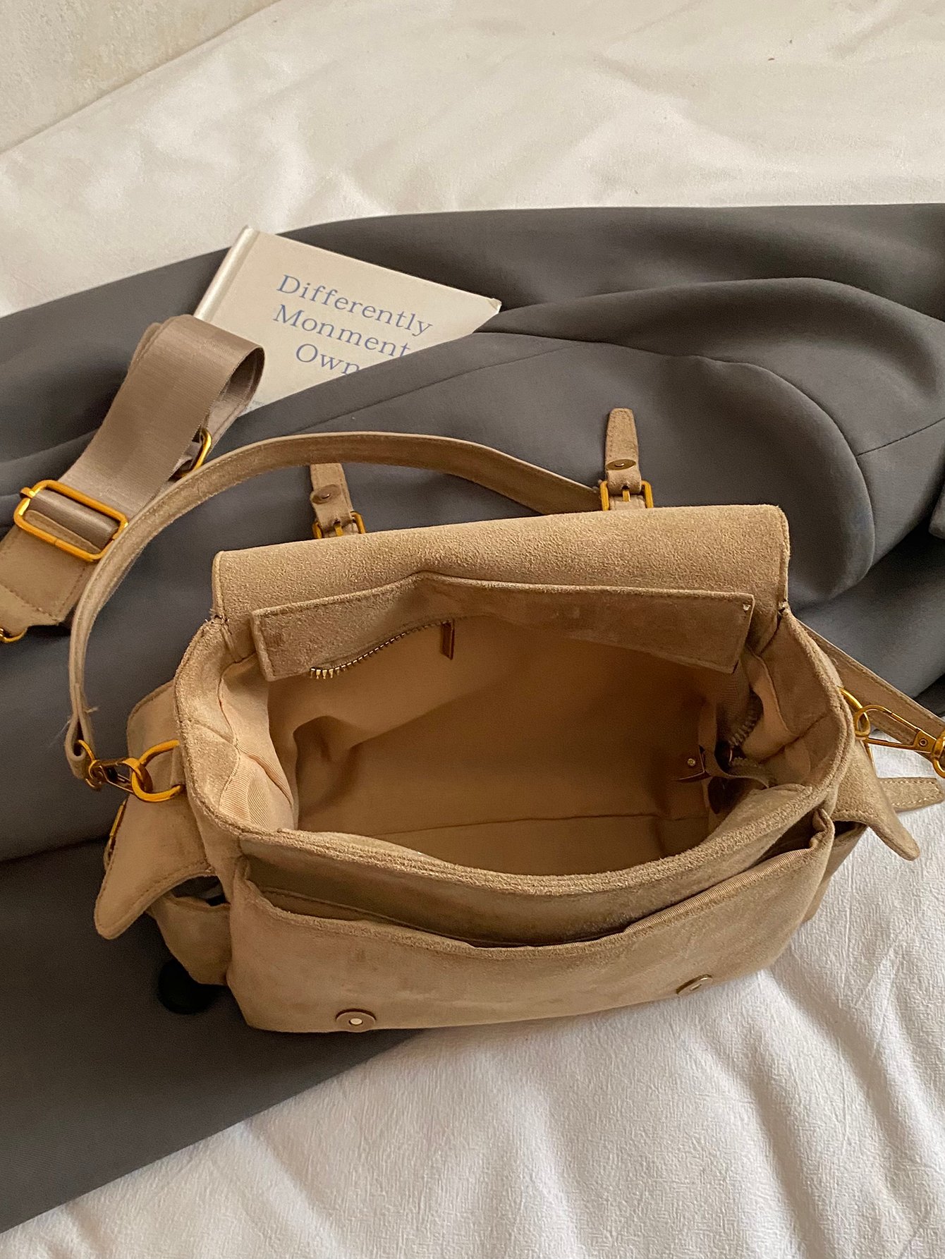 Khaki Solid Shoulder Bag with Zip