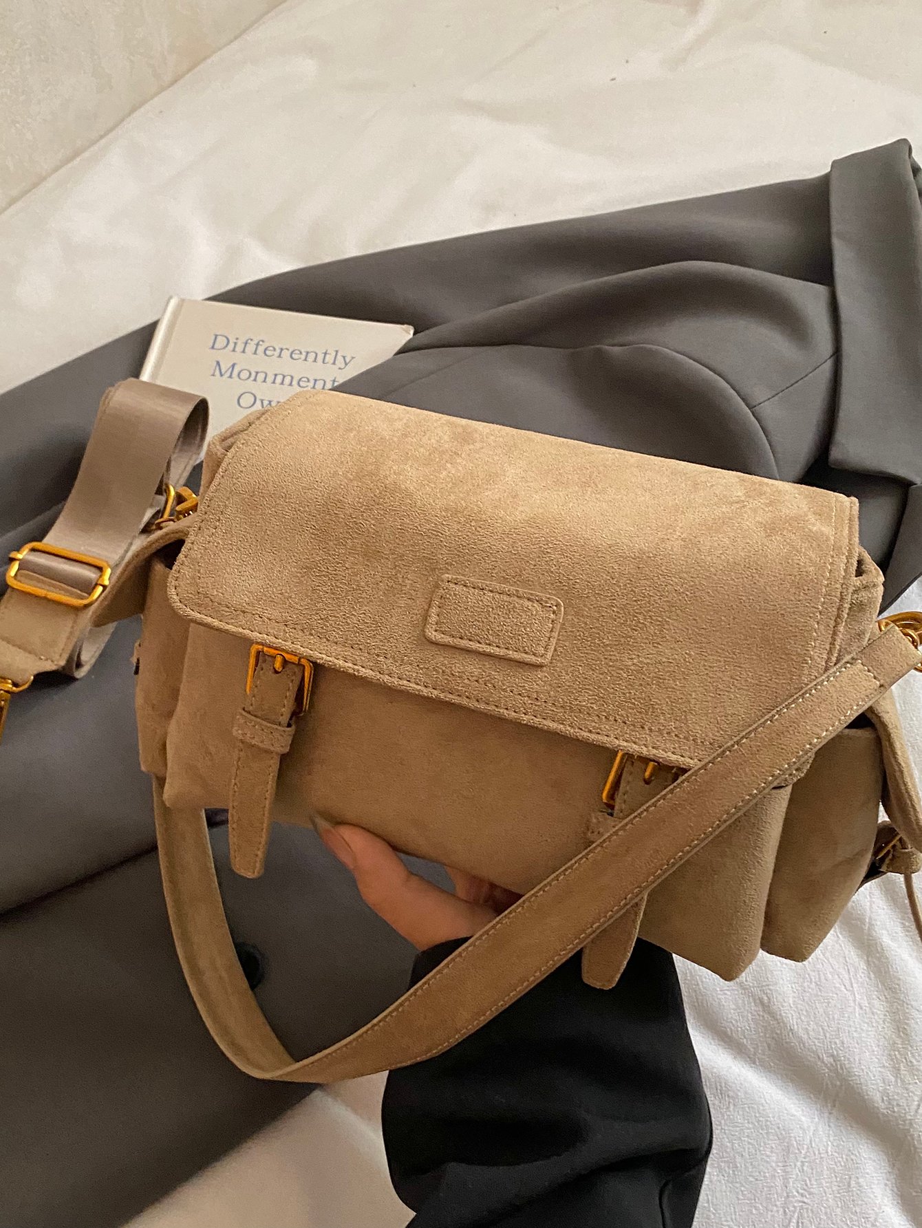 Khaki Solid Shoulder Bag with Zip