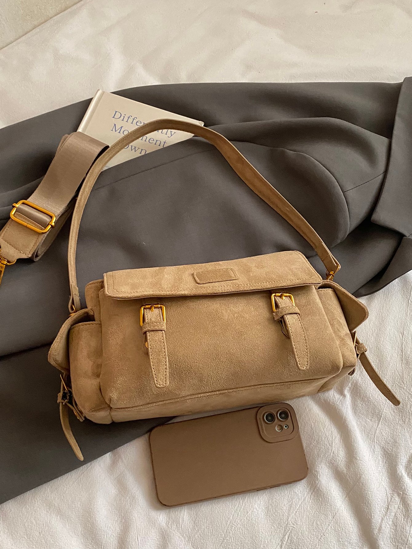Khaki Solid Shoulder Bag with Zip