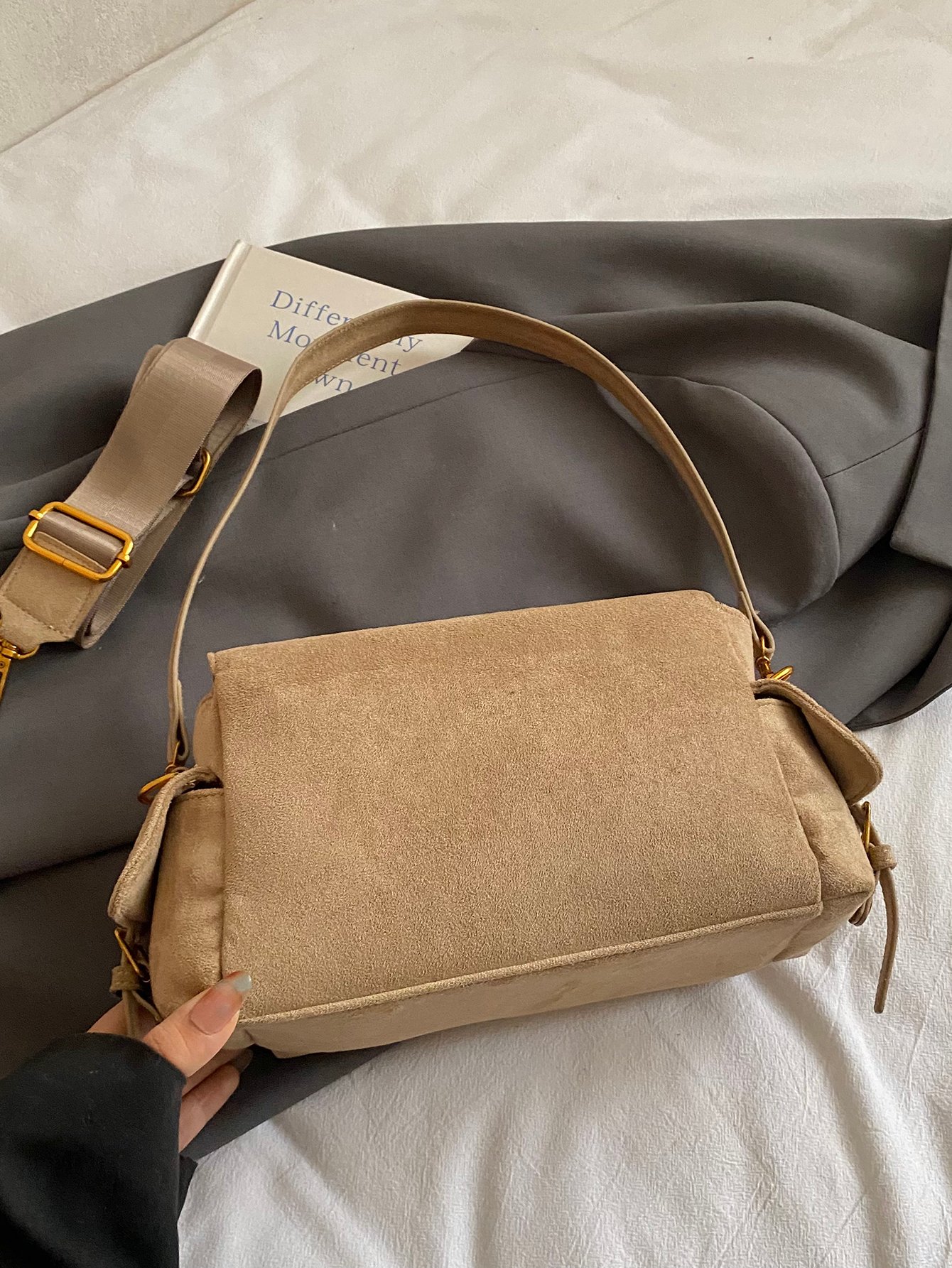 Khaki Solid Shoulder Bag with Zip