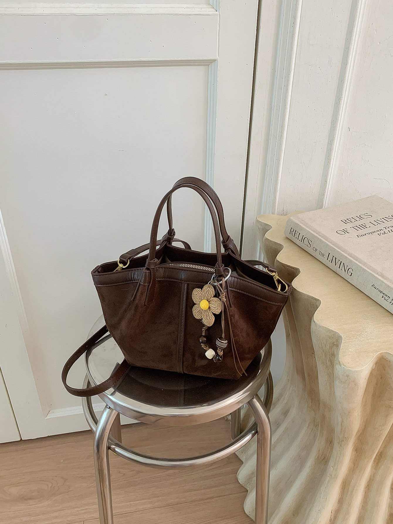 Coffee Brown Solid Shoulder Bag with Zip