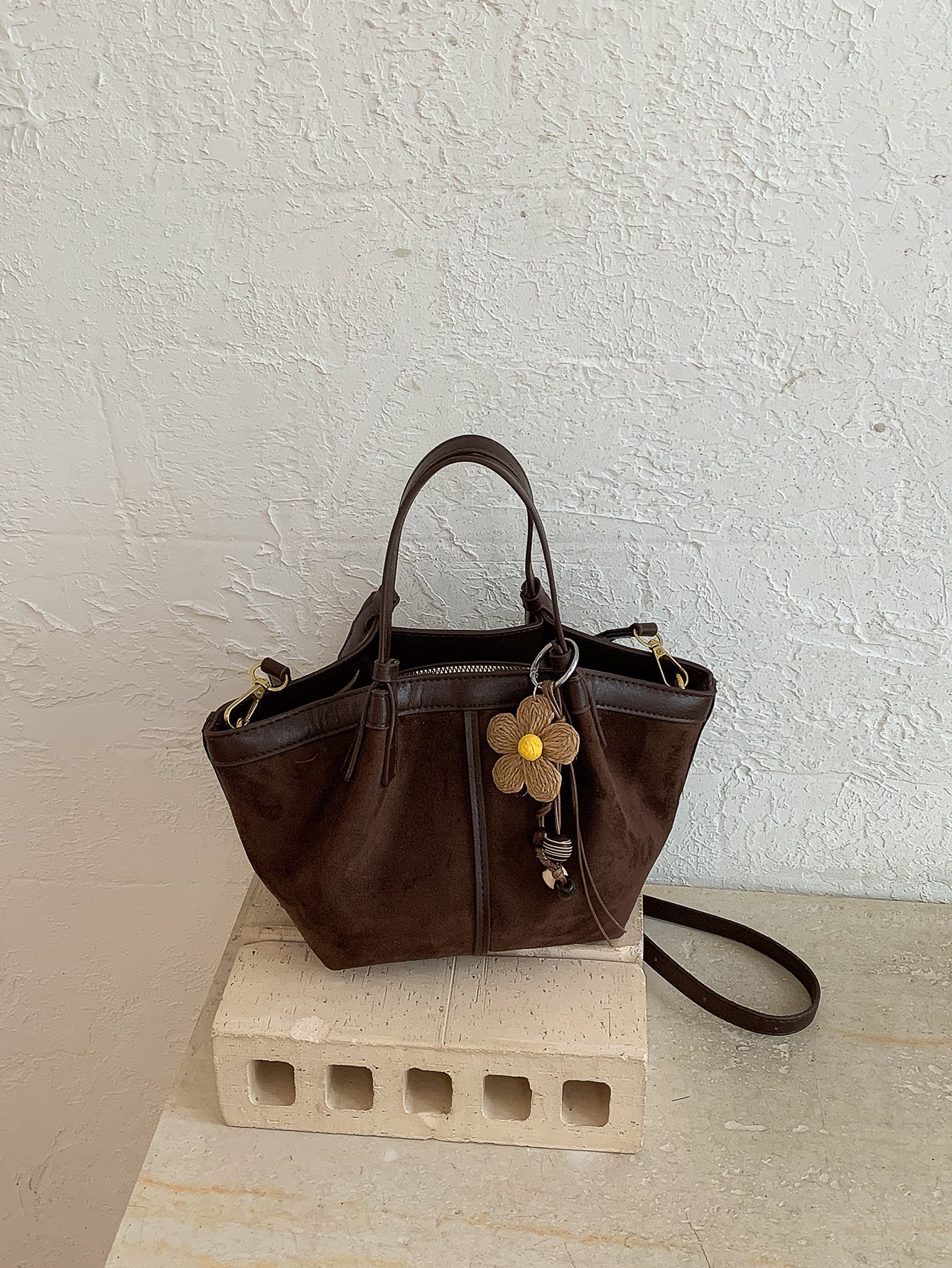 Coffee Brown Solid Shoulder Bag with Zip