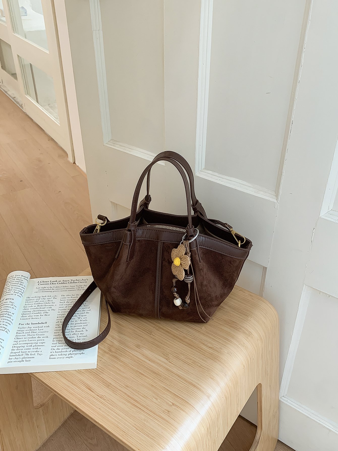 Coffee Brown Solid Shoulder Bag with Zip