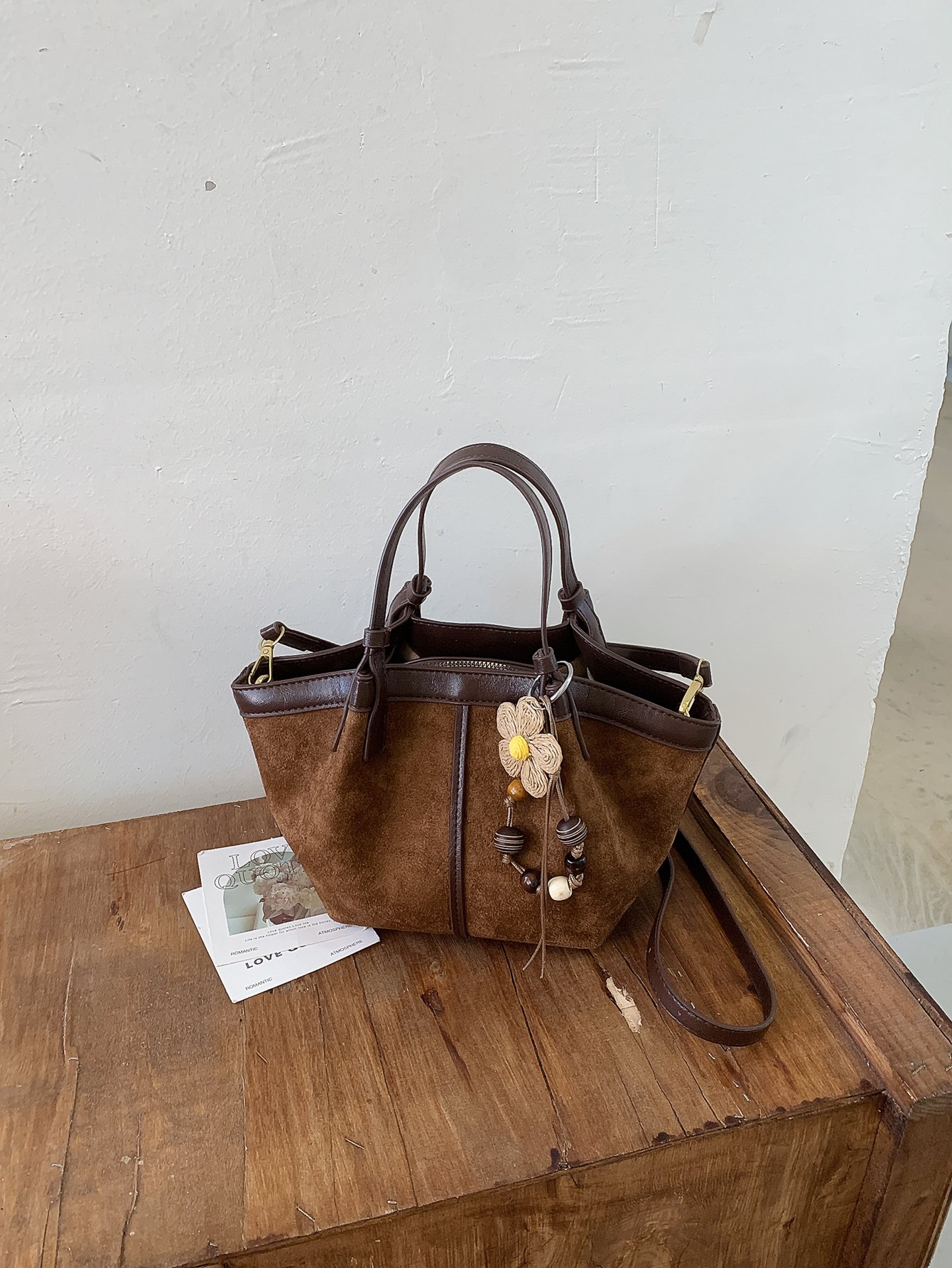 Brown Solid Handbag with Zip