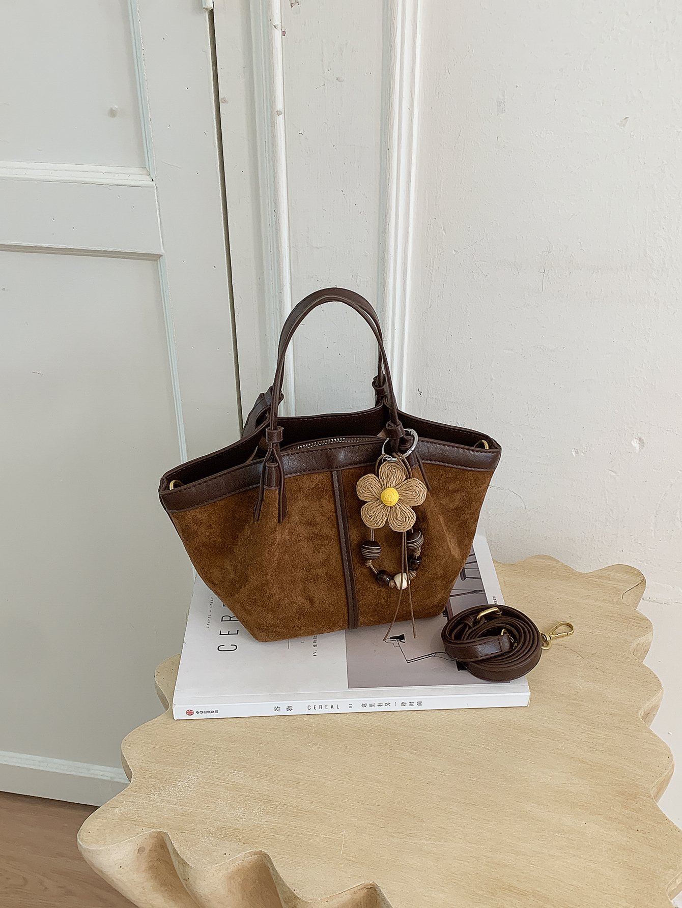 Brown Solid Handbag with Zip