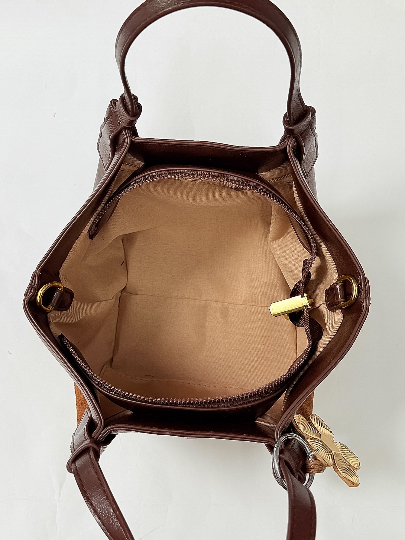 Brown Solid Handbag with Zip