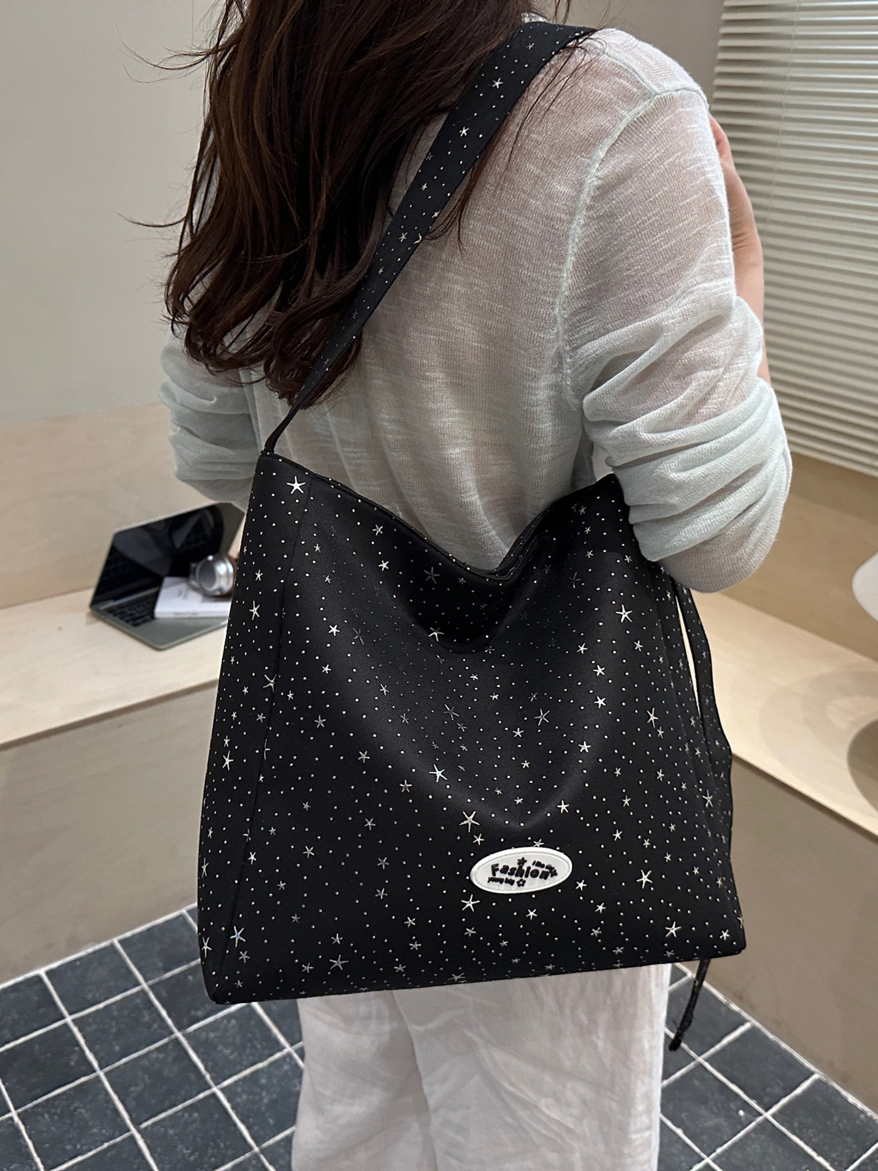 Black Printed Shoulder Bag with Button