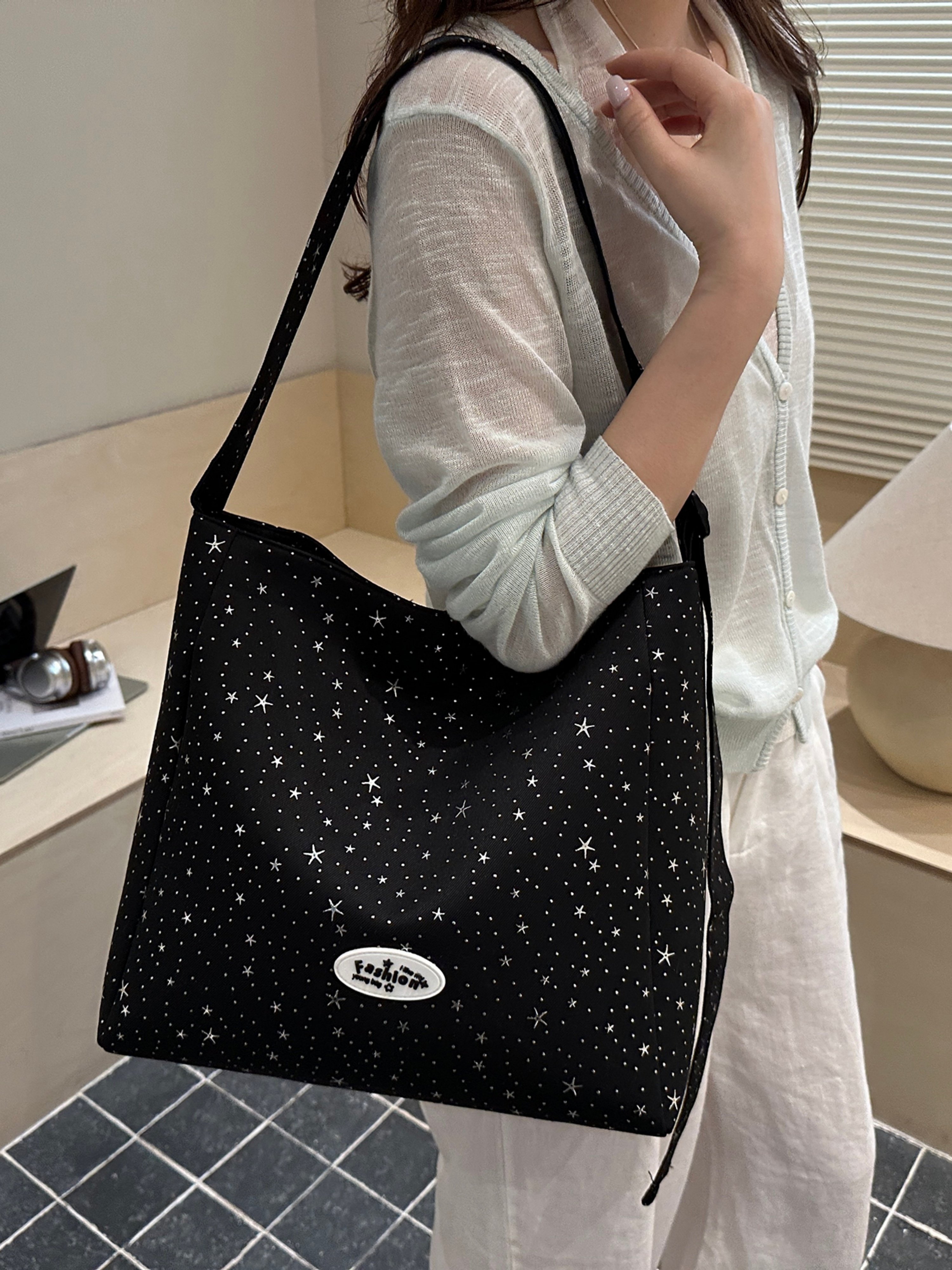 Black Printed Shoulder Bag with Button