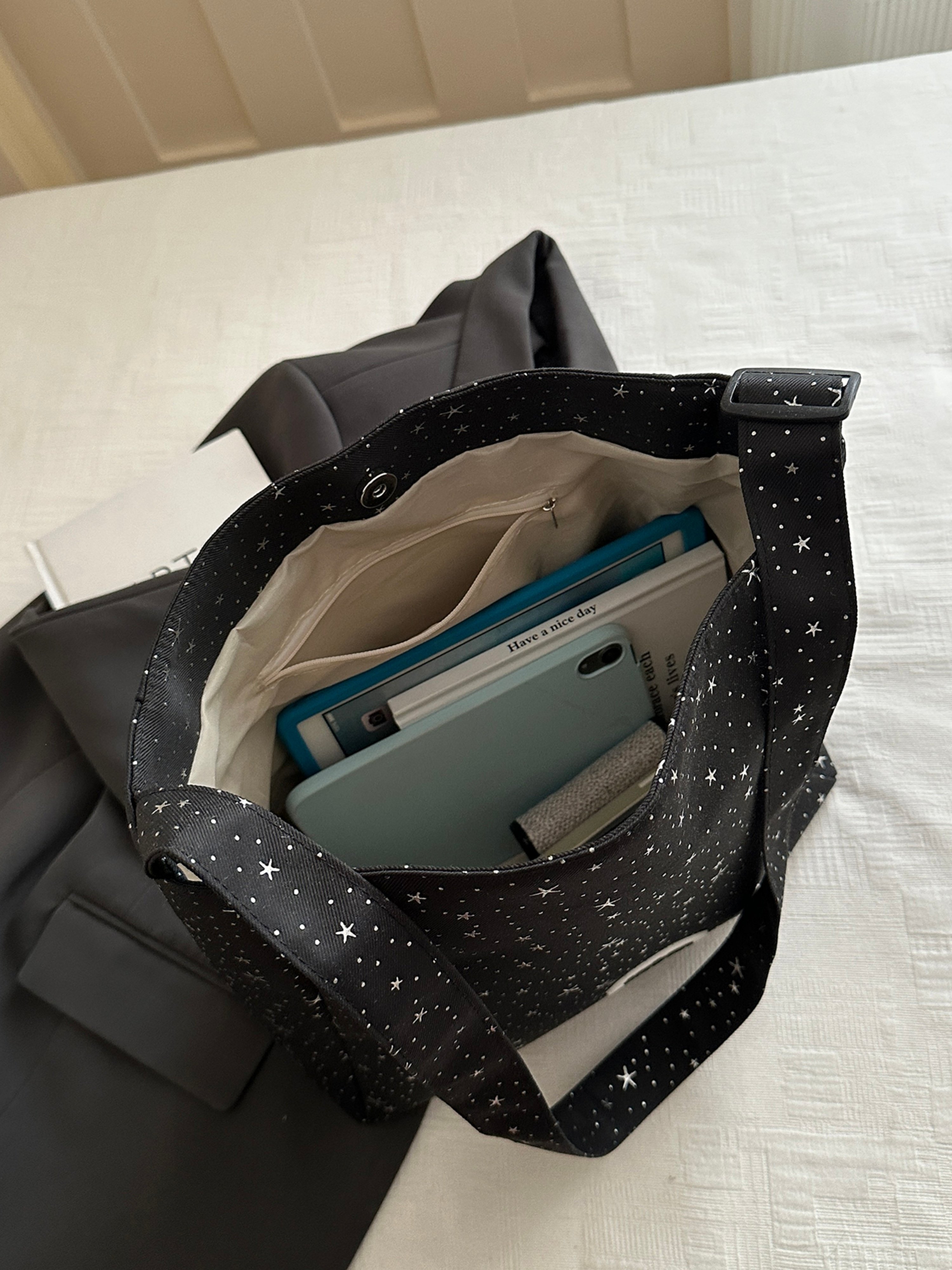 Black Printed Shoulder Bag with Button