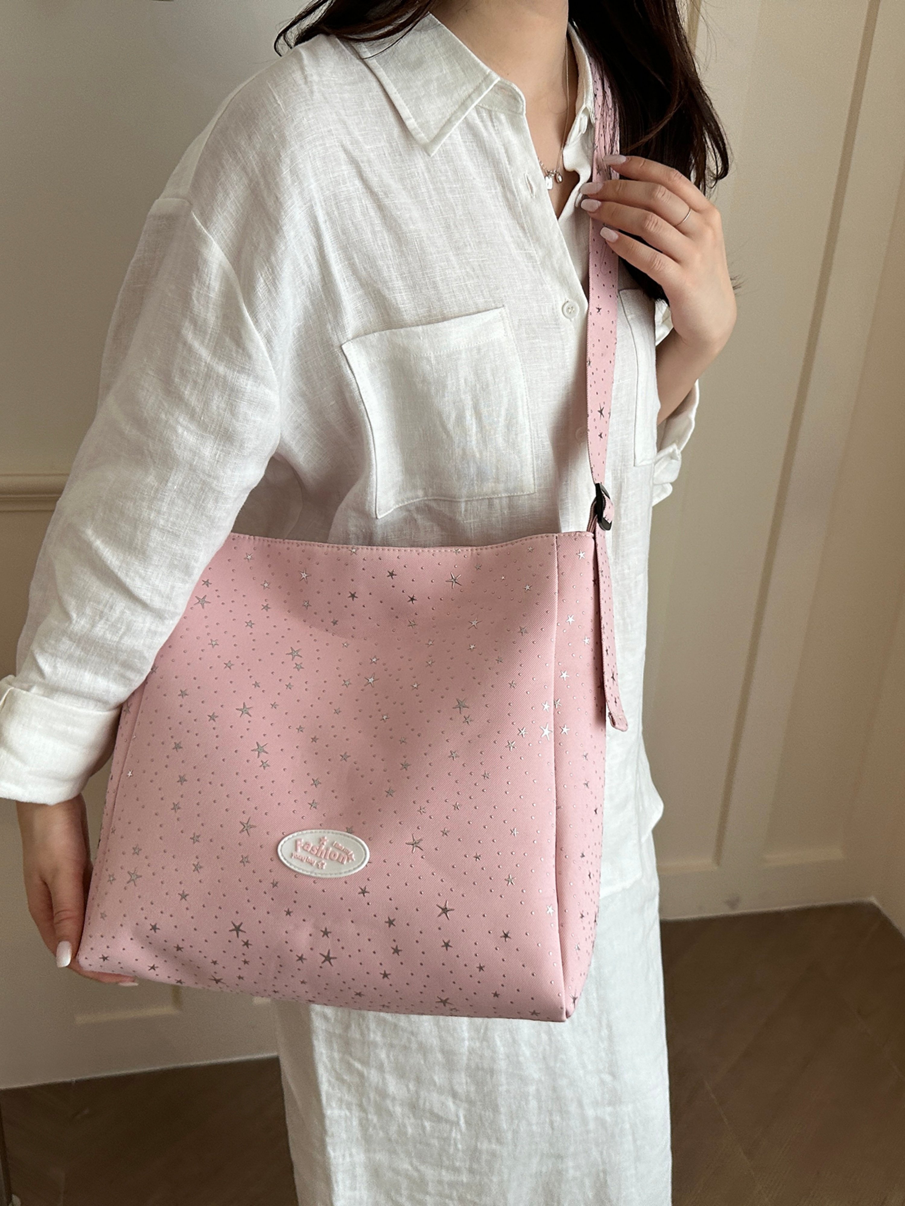 Pink Printed Shoulder Bag with Button