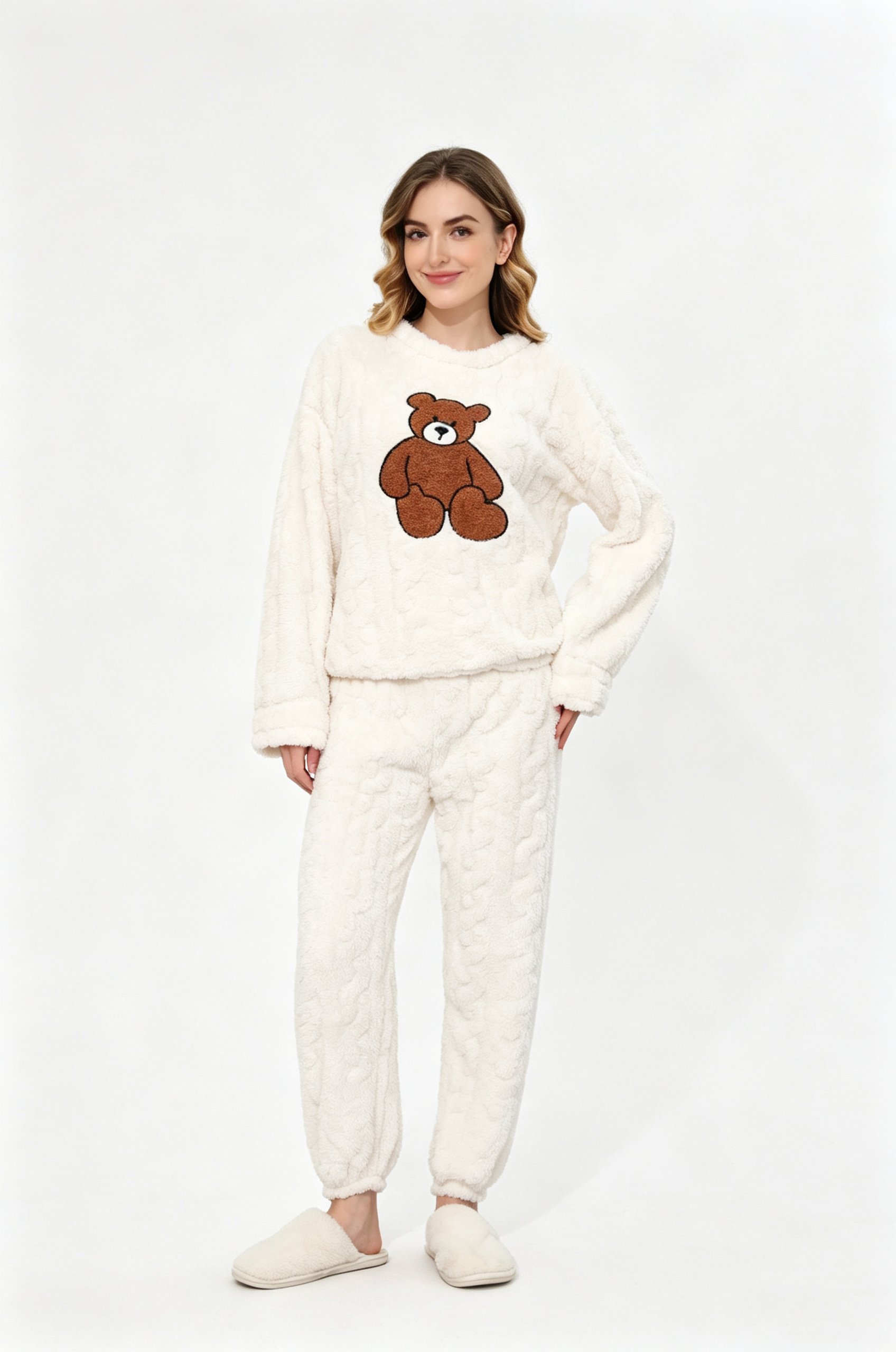 Cozy Beige Teddy Bear Print Knitted Pajama Set