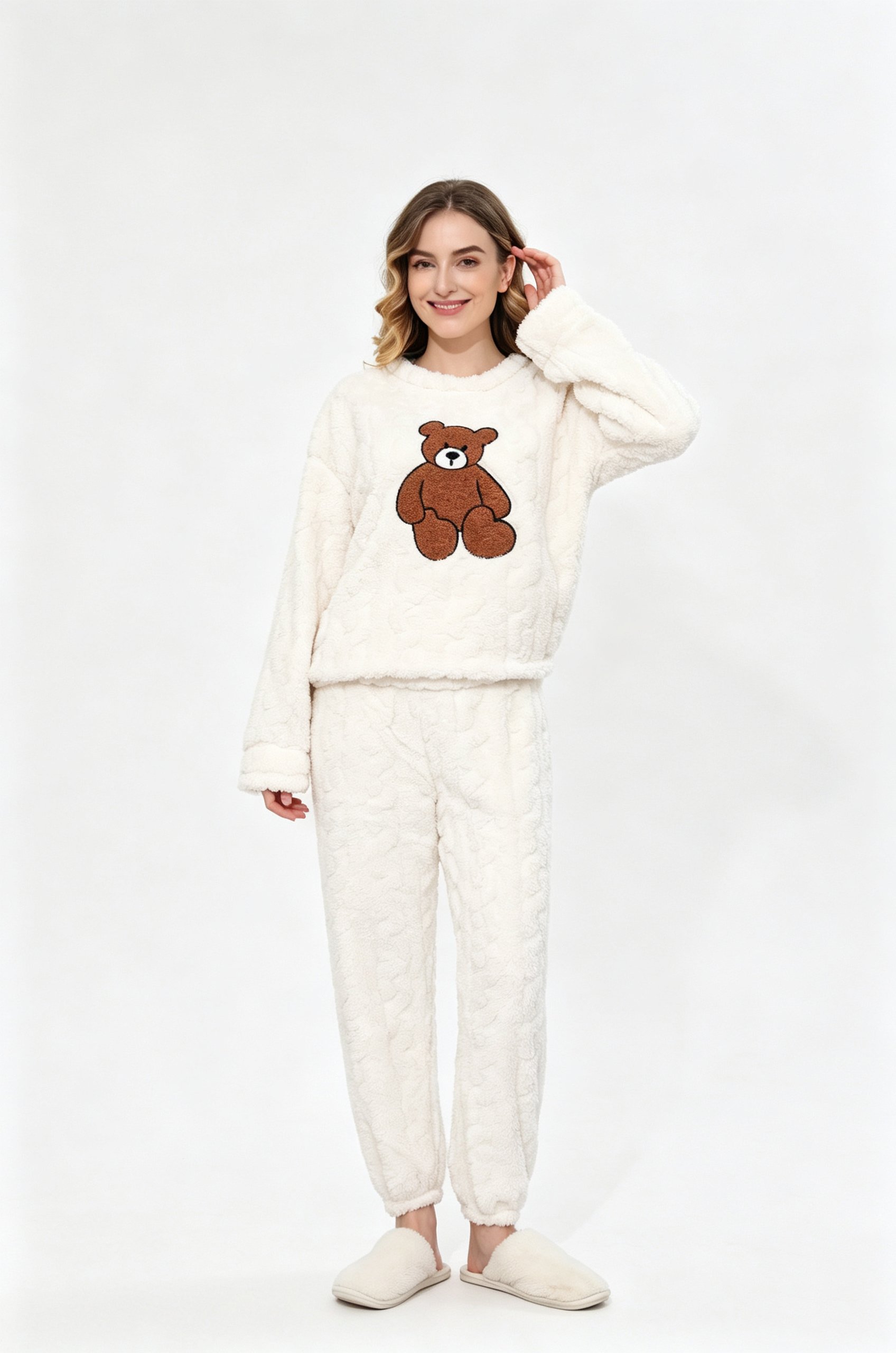 Cozy Beige Teddy Bear Print Knitted Pajama Set