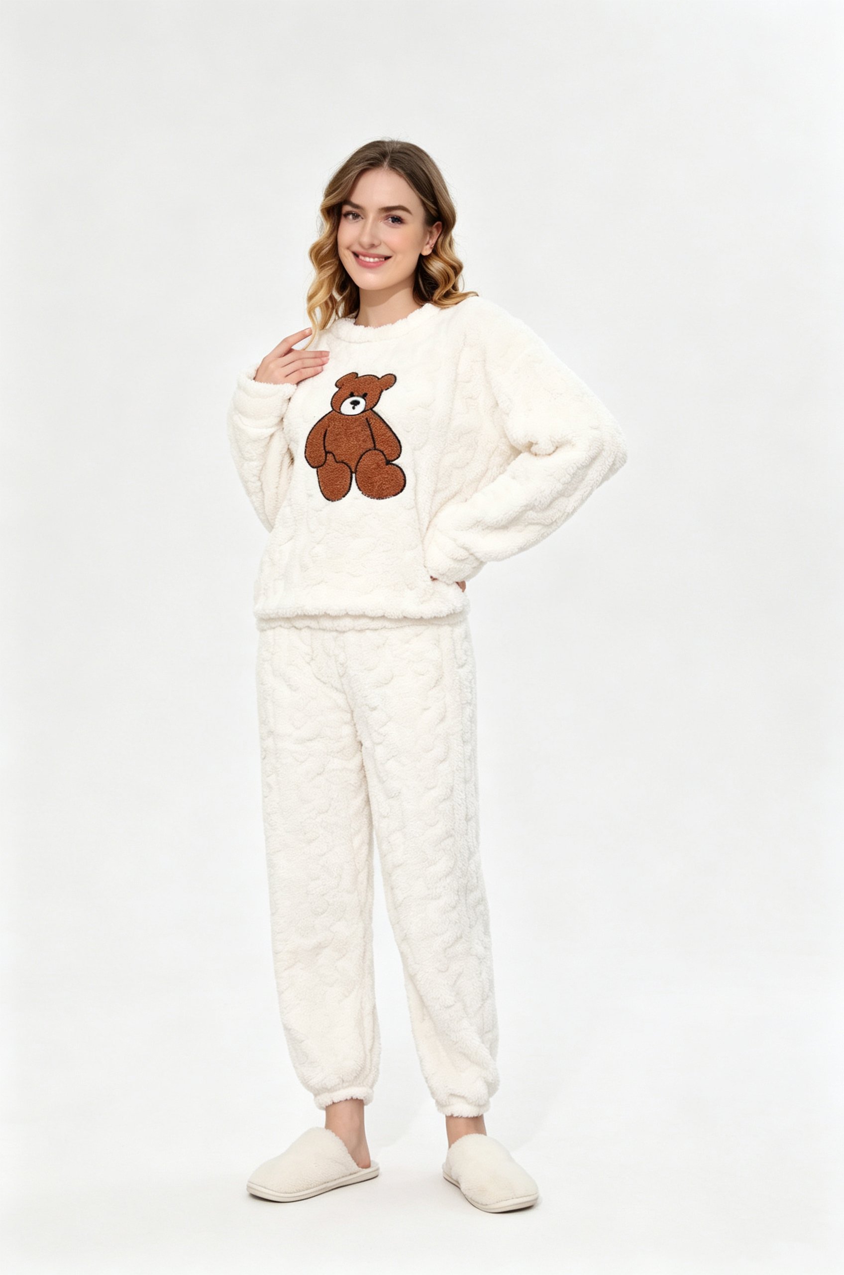 Cozy Beige Teddy Bear Print Knitted Pajama Set