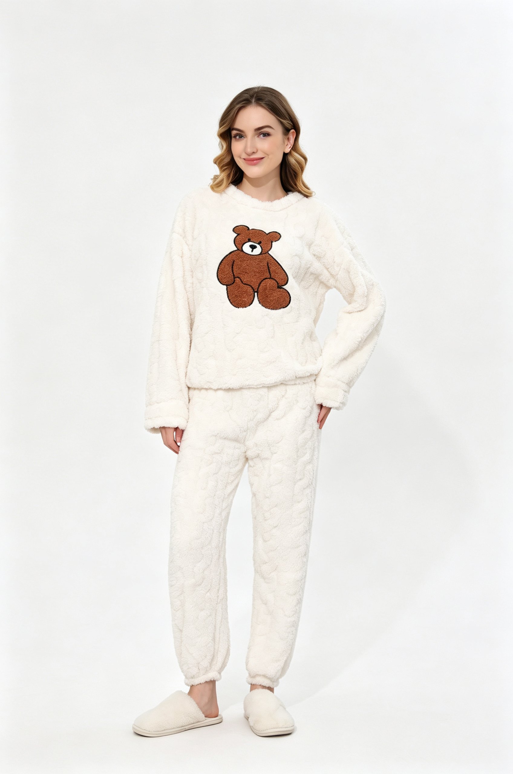 Cozy Beige Teddy Bear Print Knitted Pajama Set