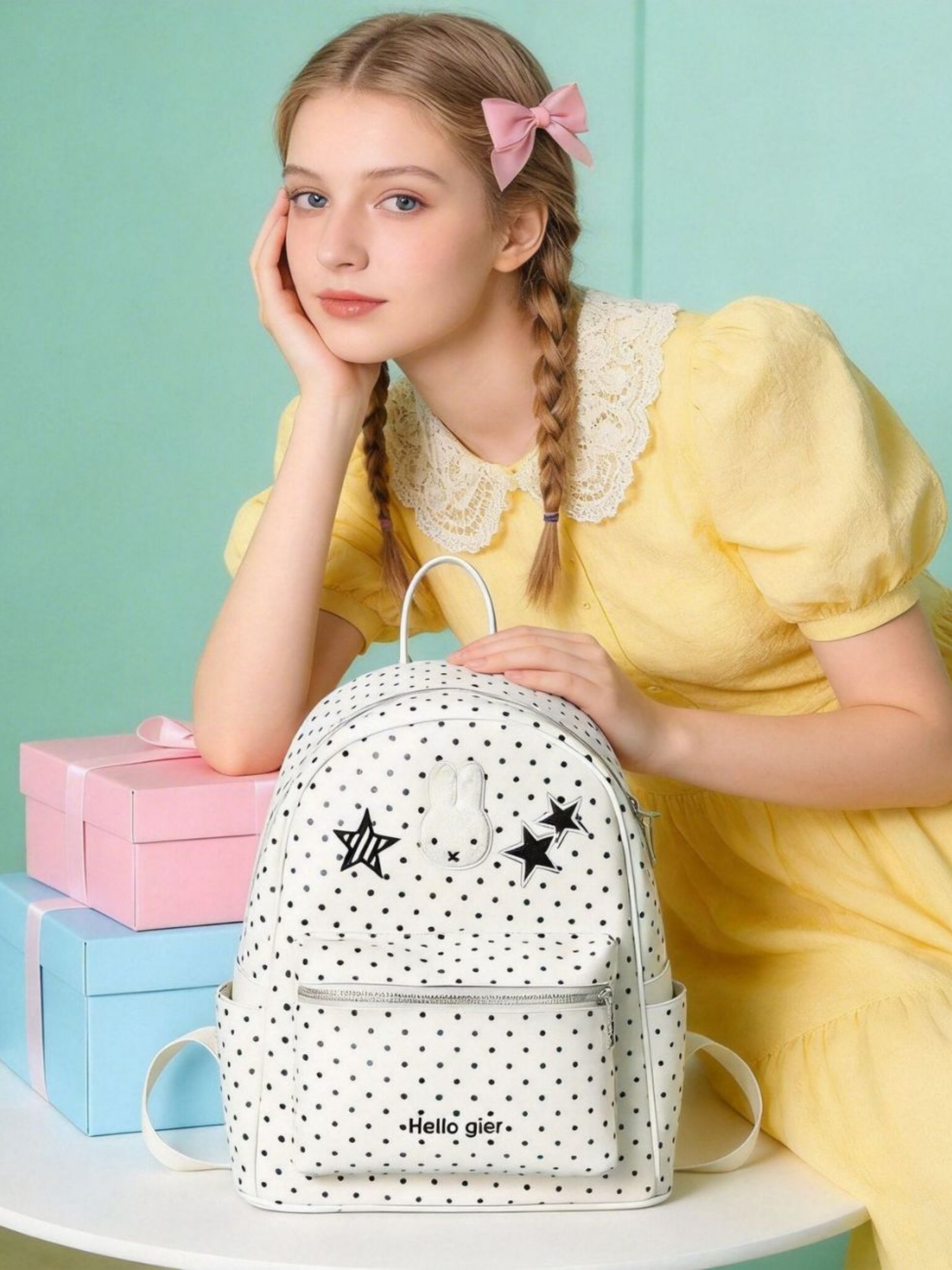 White Printed Backpack with Zip