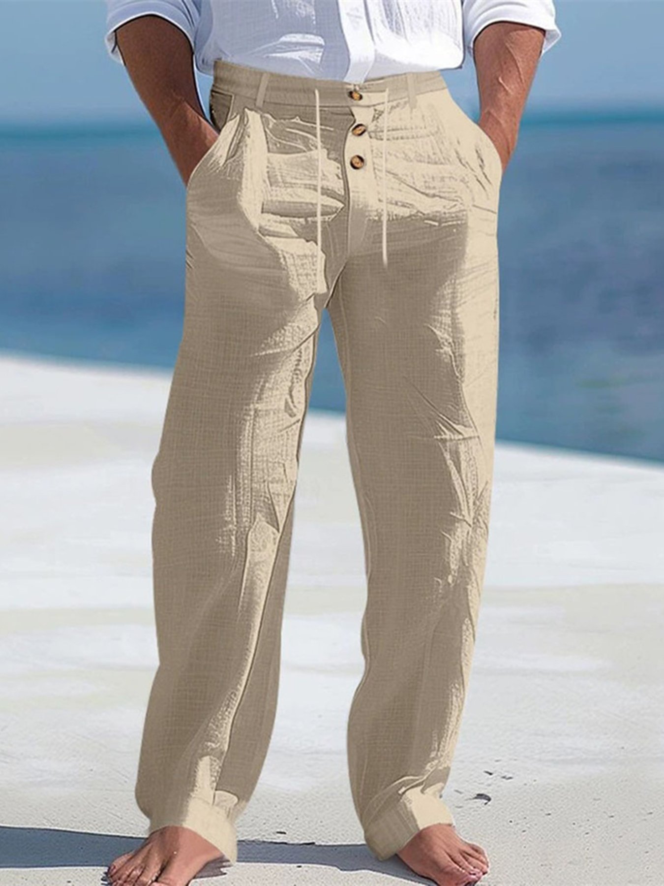 Beige Solid Relaxed Pants