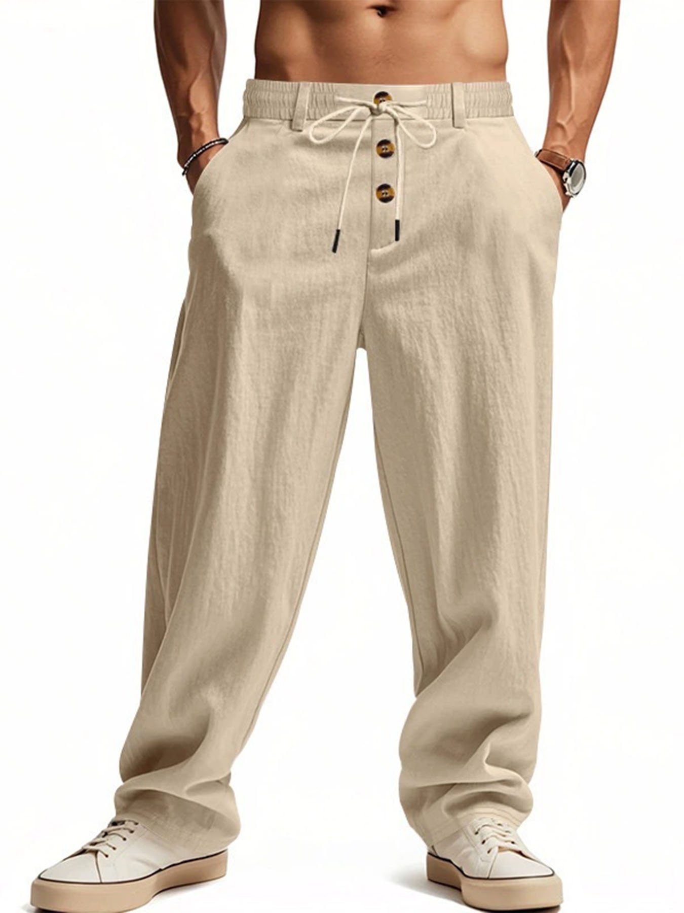 Beige Solid Relaxed Pants