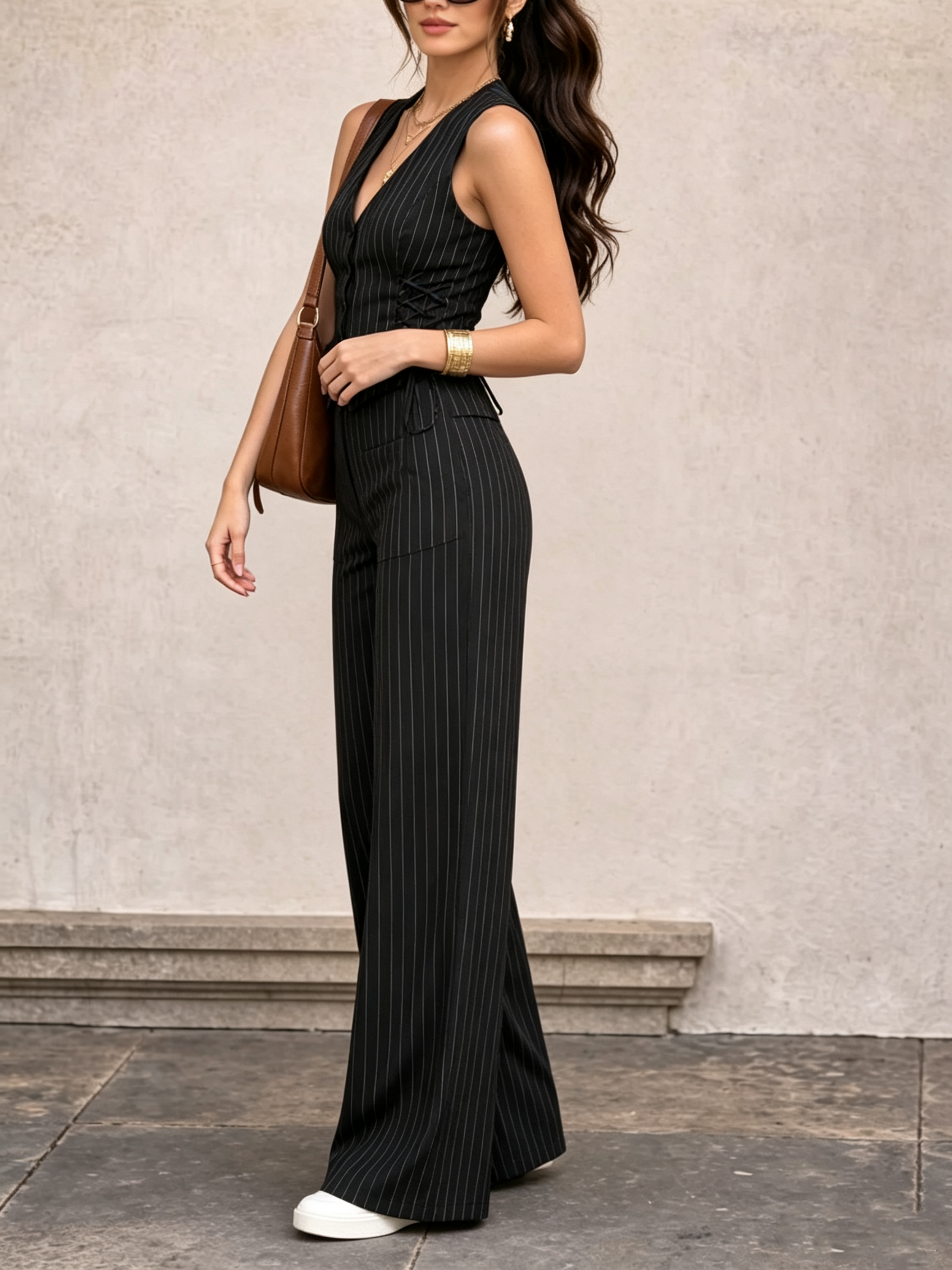 Black Striped Waistcoat and Wide Leg Set