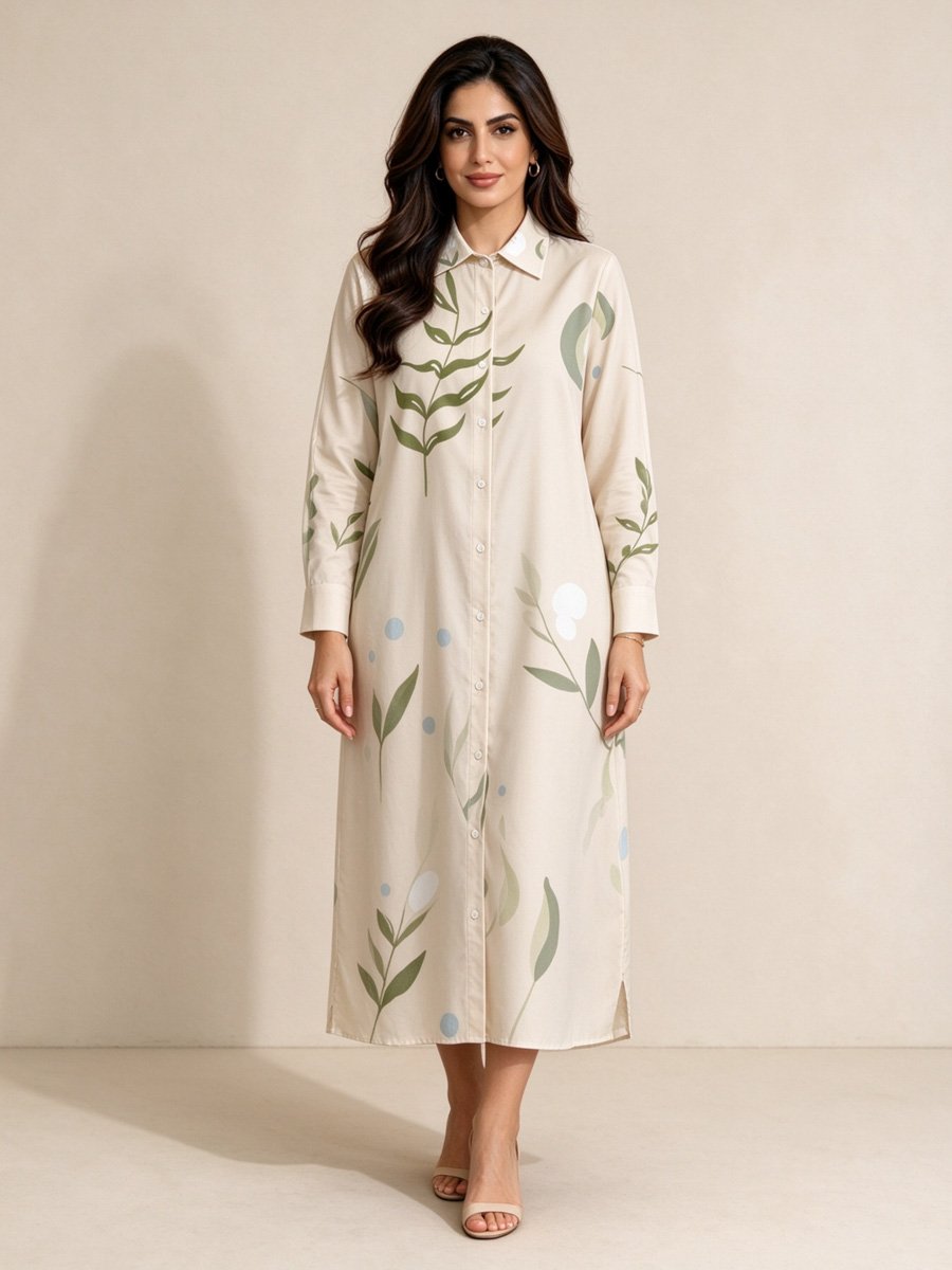 Beige Tropical Print Midi Shirt Dress