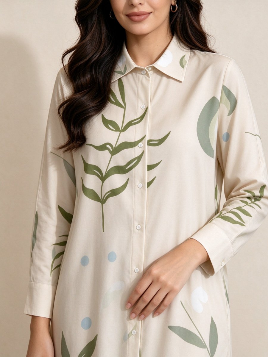 Beige Tropical Print Midi Shirt Dress