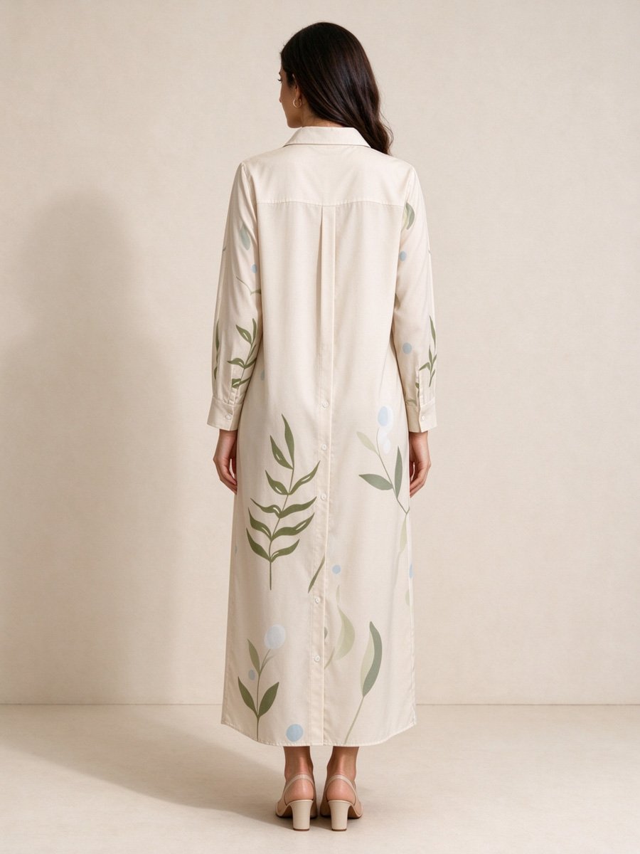 Beige Tropical Print Midi Shirt Dress