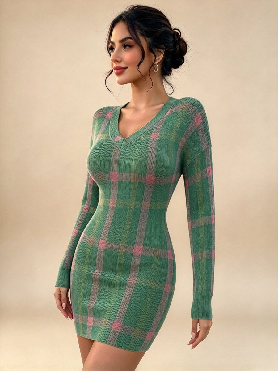 Green Checked Bodycon Mini Dress