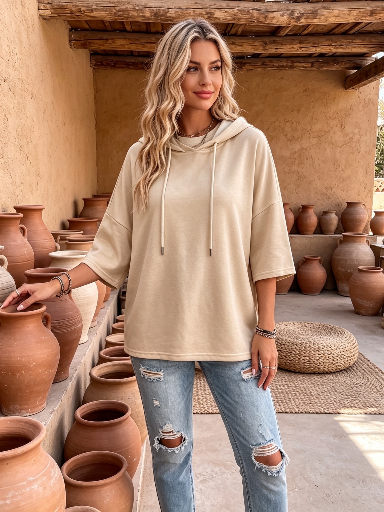 Loose fit hooded three quarter sleeve top daily casual commute versatile wear
