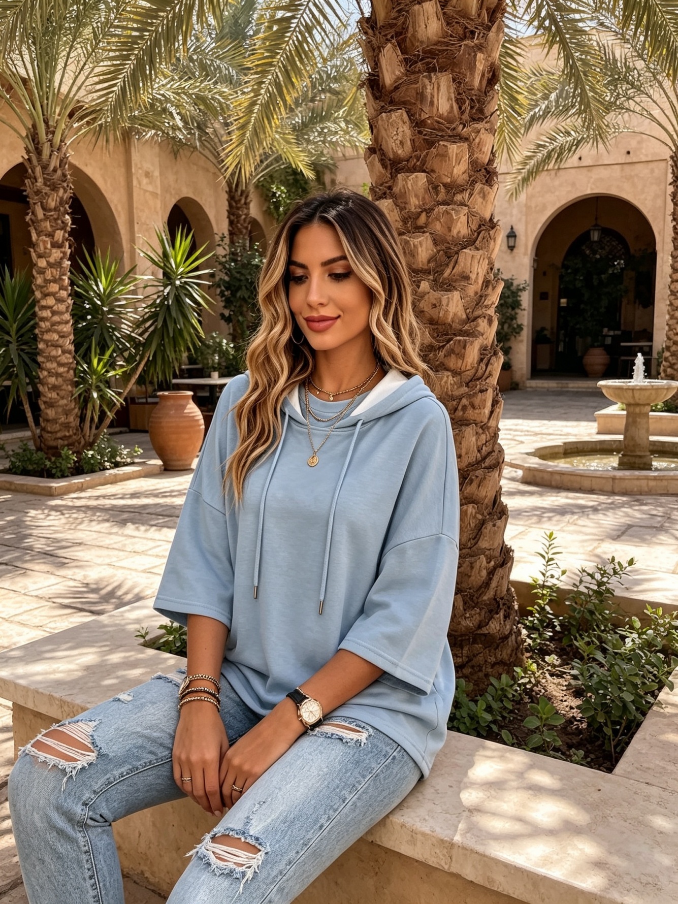 Women hooded drawstring seven quarter sleeve loose top daily casual versatile wear