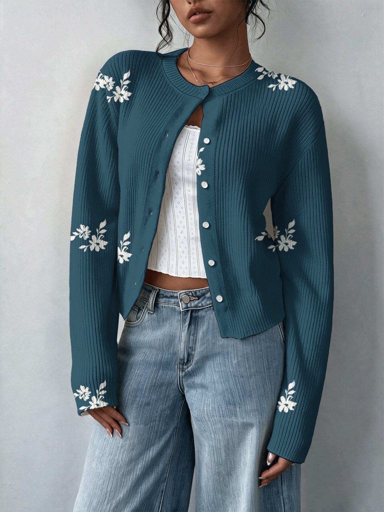 Navy Blue Printed Cardigan