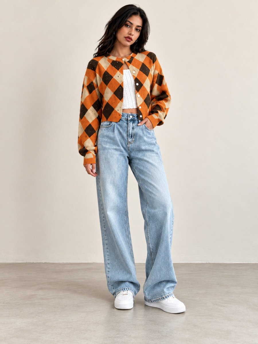 Orange Argyle Cropped Cardigan