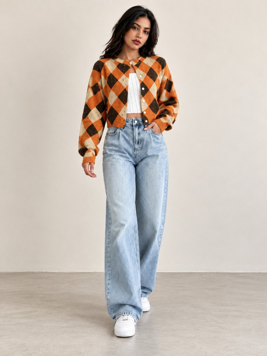 Orange Argyle Cropped Cardigan