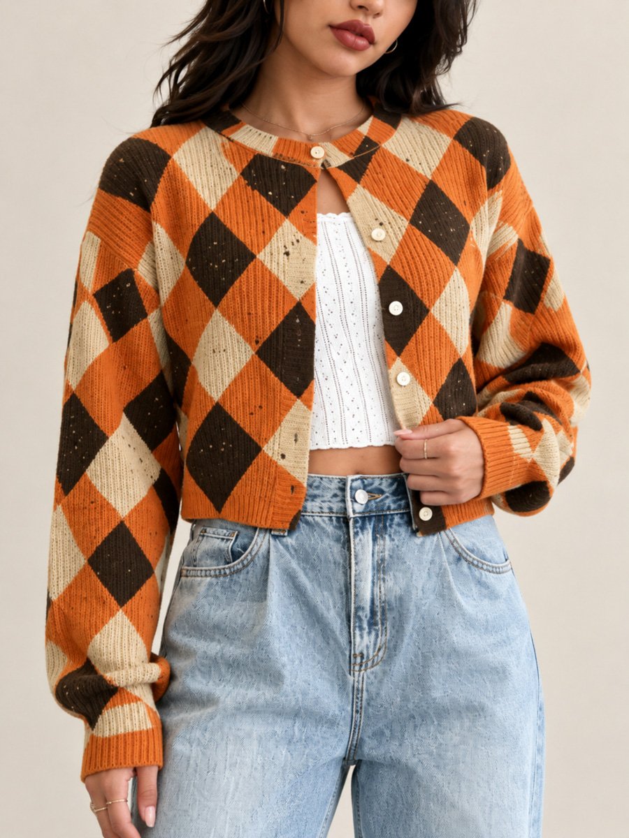 Orange Argyle Cropped Cardigan