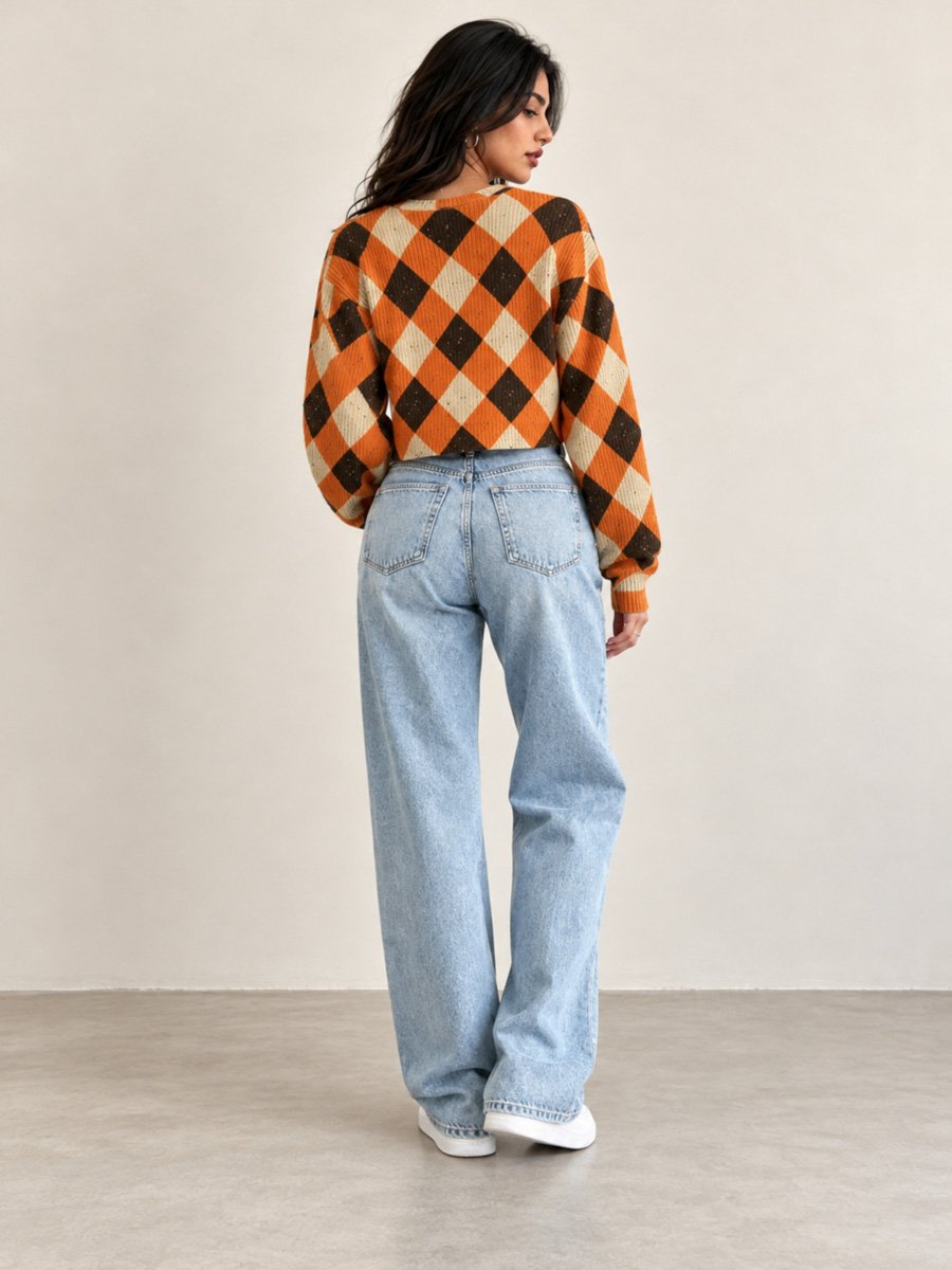 Orange Argyle Cropped Cardigan