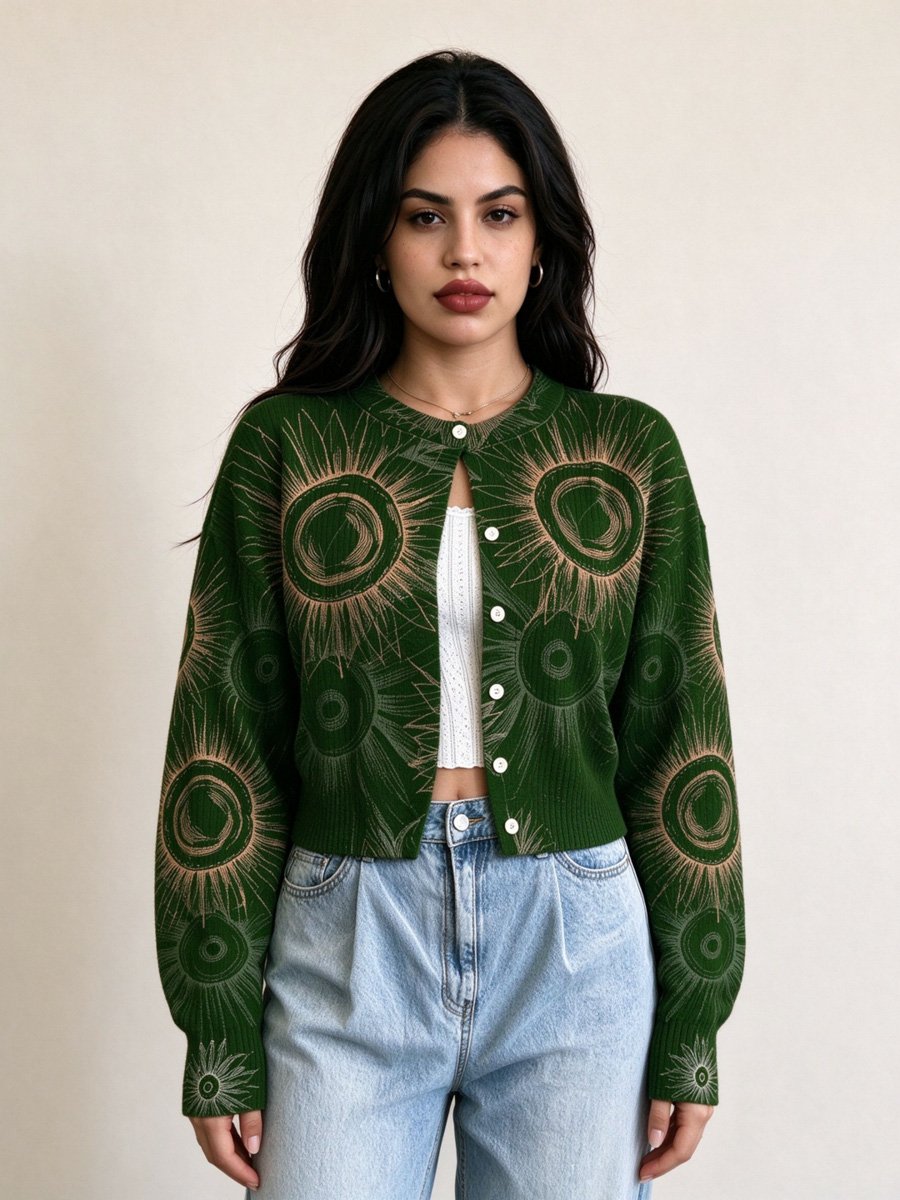 Dark Green Sunburst Knit Cardigan