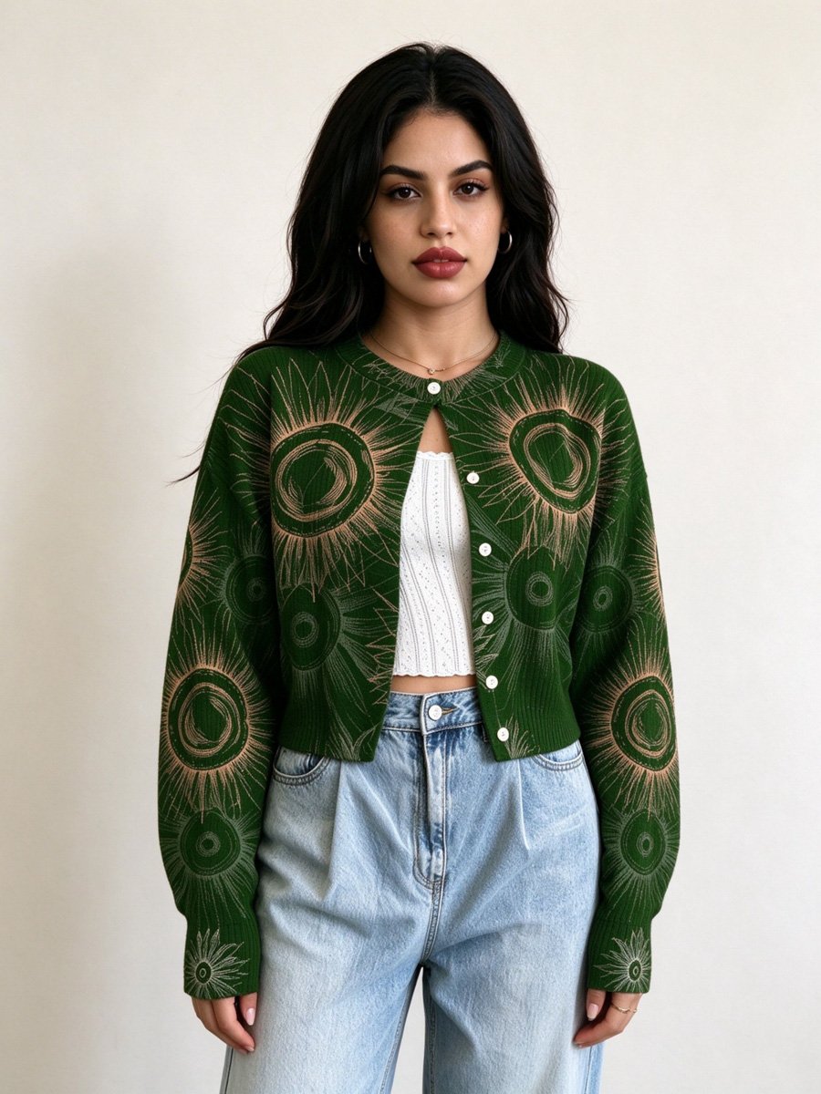 Dark Green Sunburst Knit Cardigan