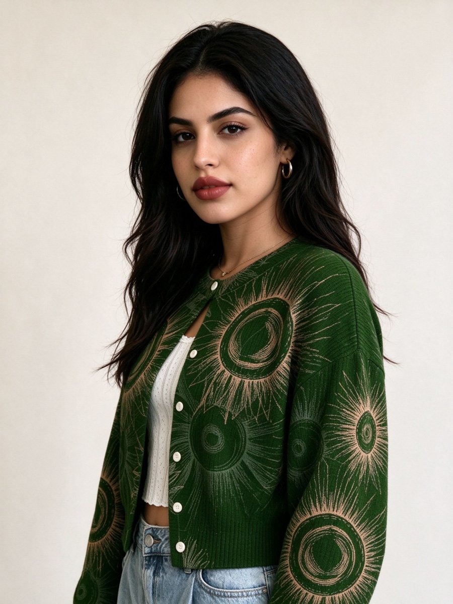 Dark Green Sunburst Knit Cardigan