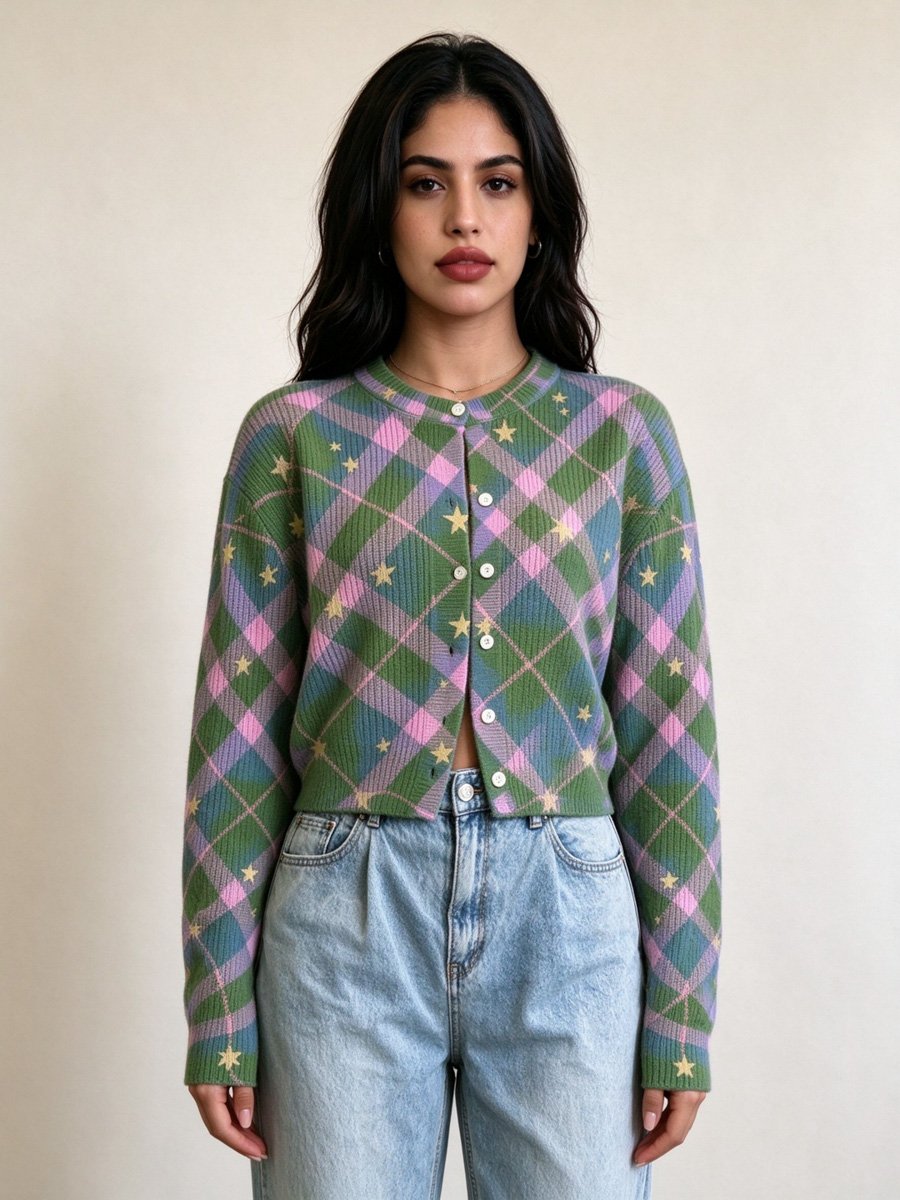 Star Plaid Cropped Cardigan