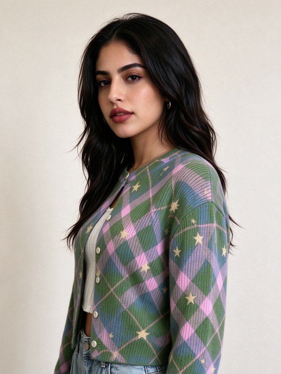 Star Plaid Cropped Cardigan