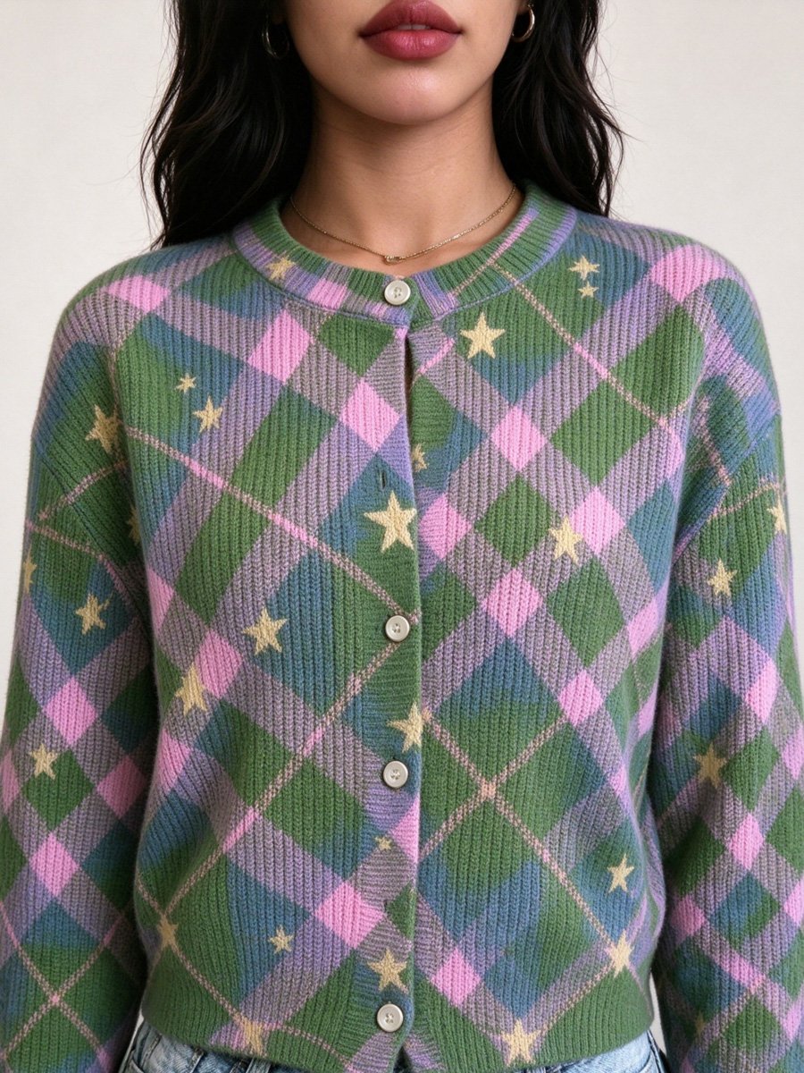 Star Plaid Cropped Cardigan