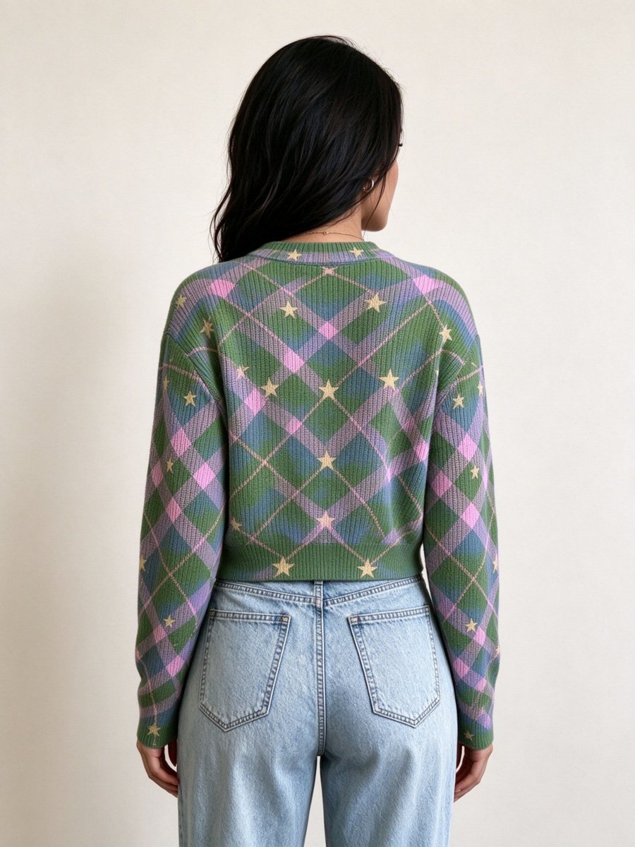 Star Plaid Cropped Cardigan
