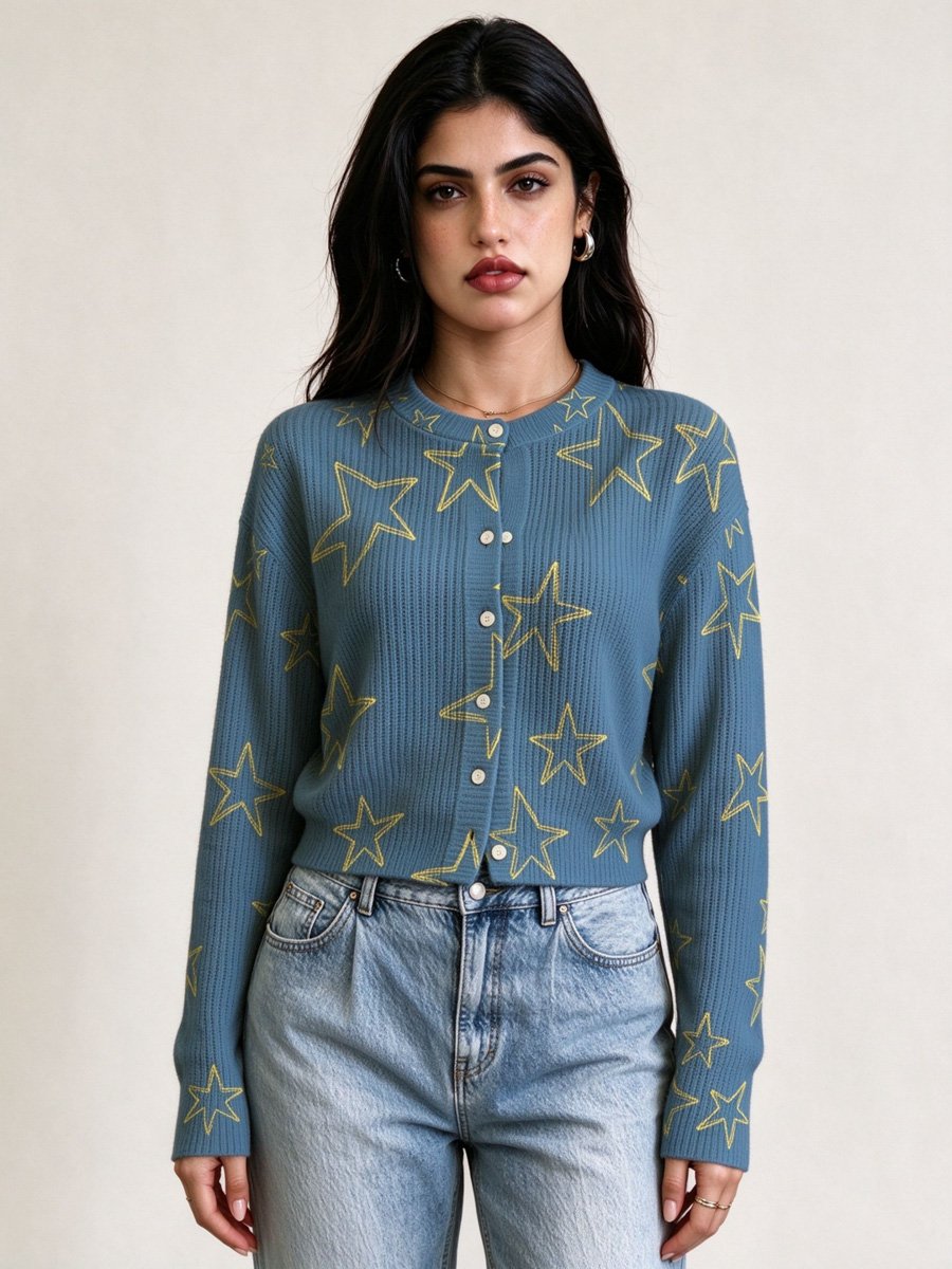 Navy Blue Star Print Buttoned Cardigan