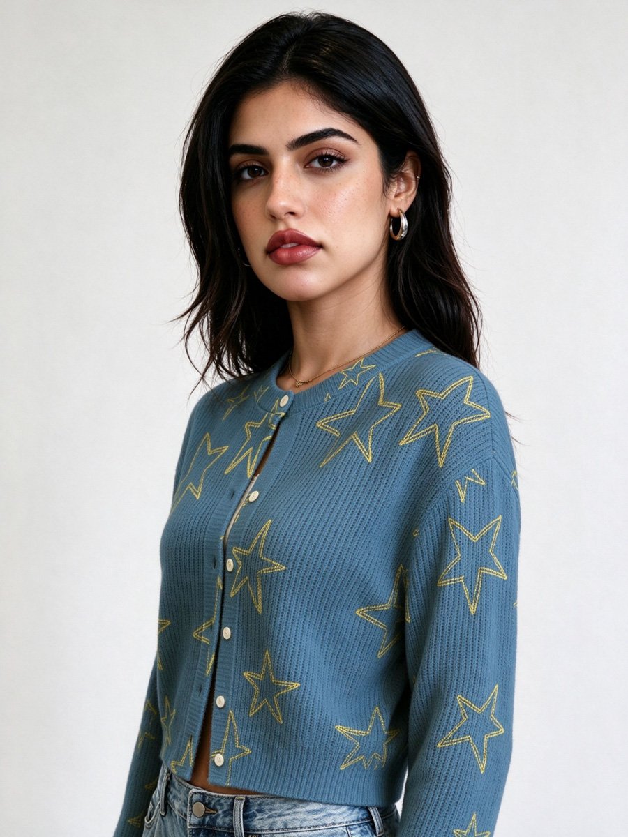 Navy Blue Star Print Buttoned Cardigan