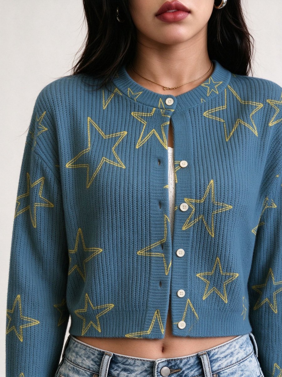 Navy Blue Star Print Buttoned Cardigan