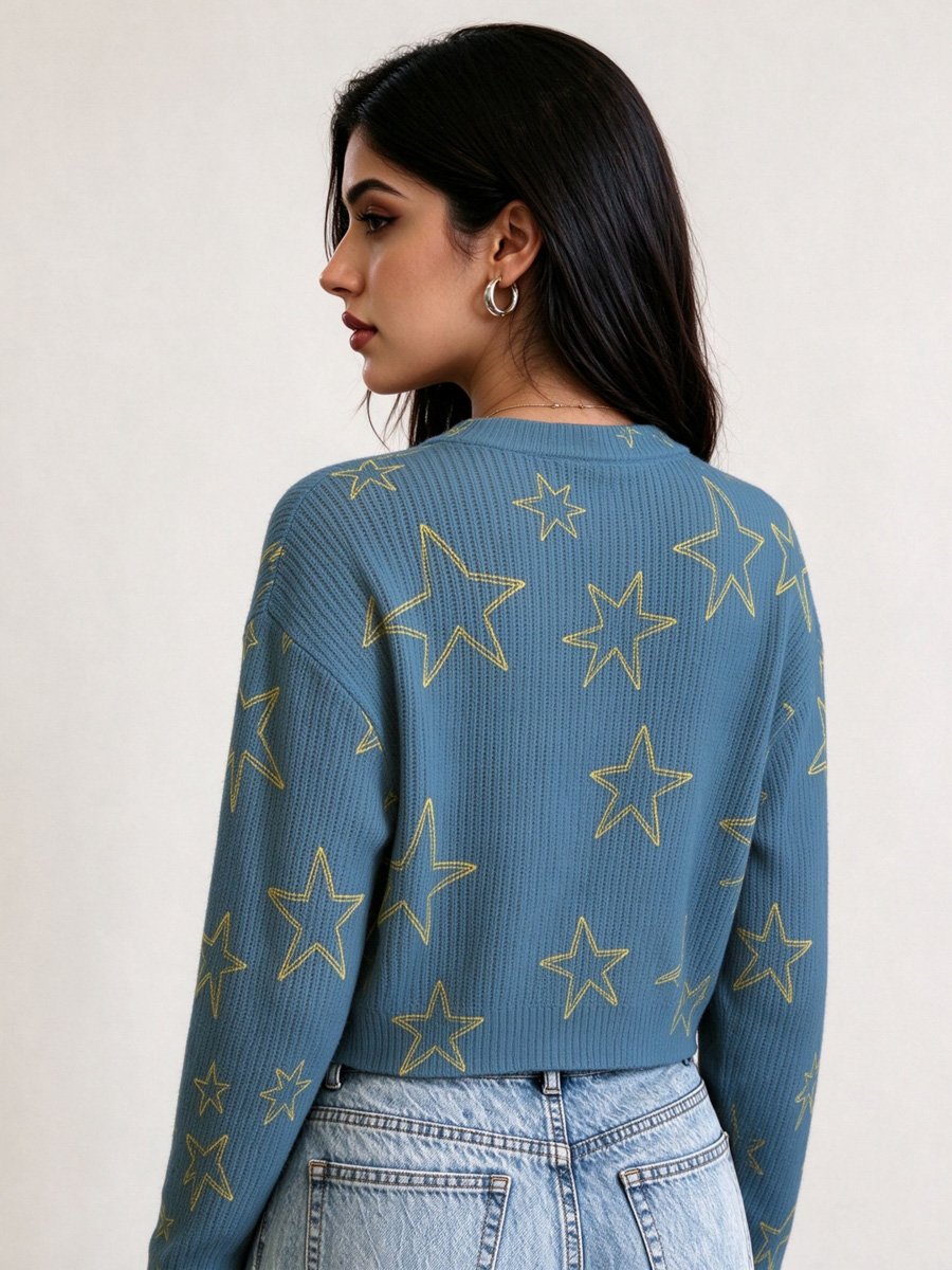 Navy Blue Star Print Buttoned Cardigan