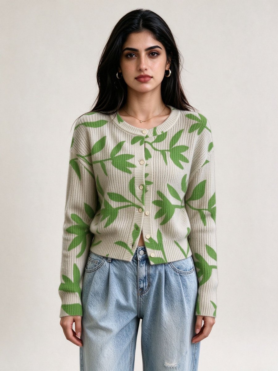 Khaki Leaf Print Cropped Cardigan