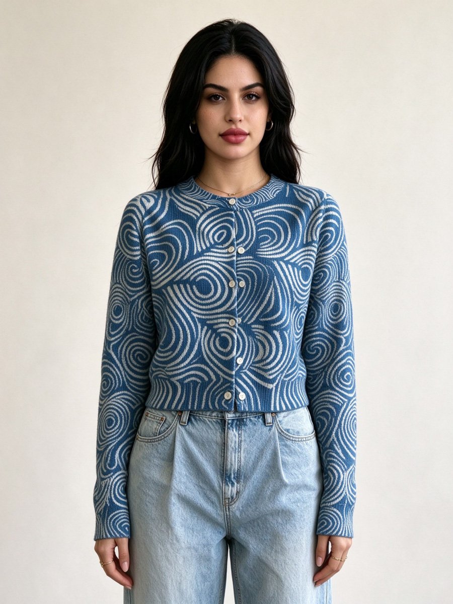Blue Swirl Print Crop Cardigan