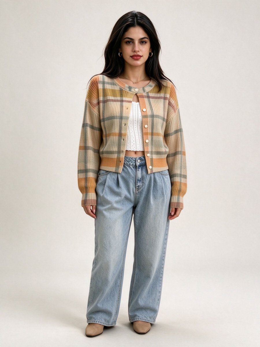 Plaid Knitted Cardigan